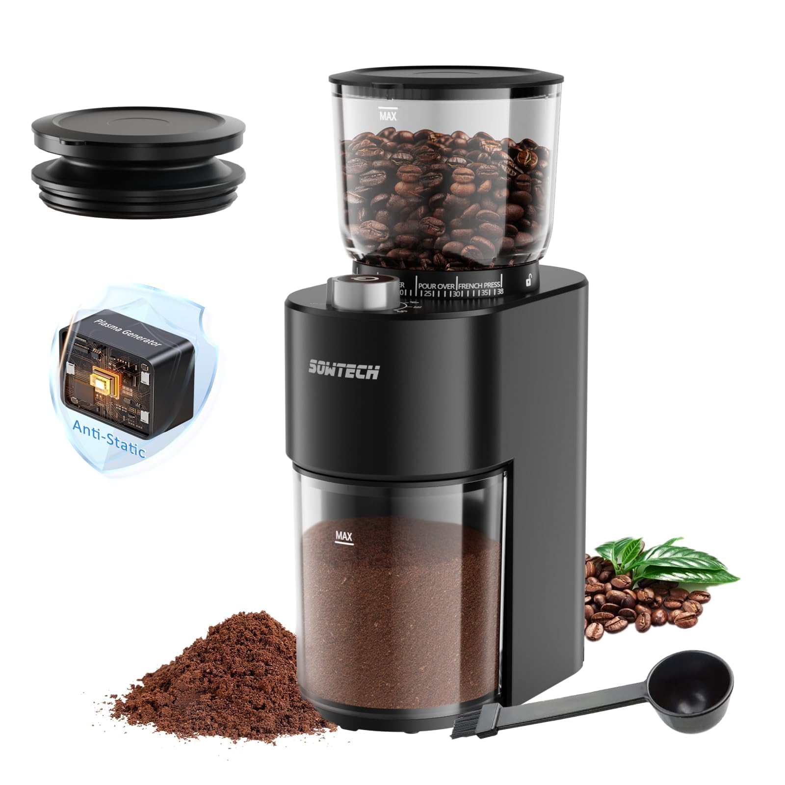 SOWTECHAnti-static Conical Burr Coffee Grinder, Adjustable Electric Mill, 38 Precise Grind Settings, Precision Timer, for Espresso, Drip and French Press, Black