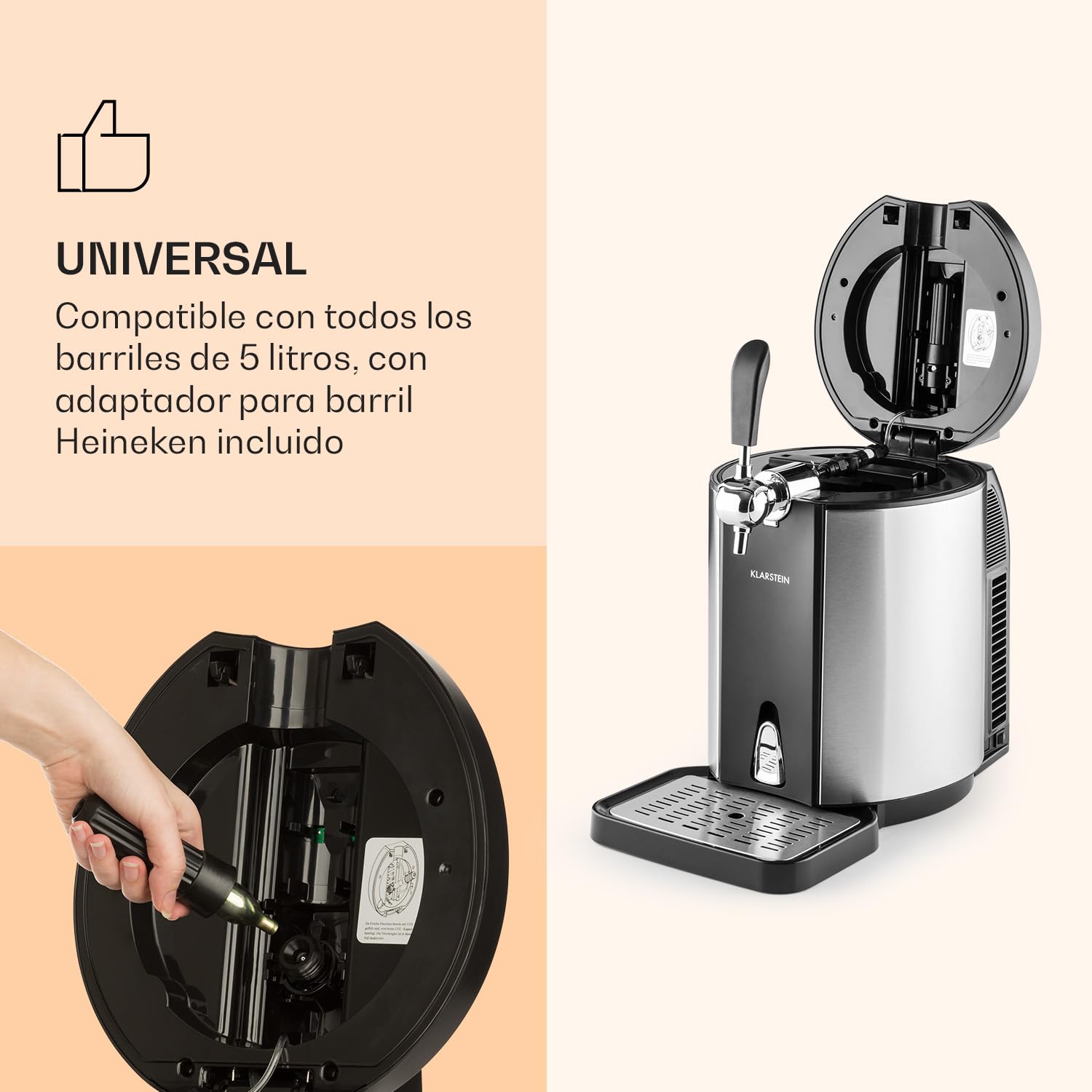 Klarstein Skal - dispensador de cerveza universal con enfriador integrado, refrigeración a 2-12 °C, 5 litros, sistema termoeléctrico, 38 dB, gris plateado