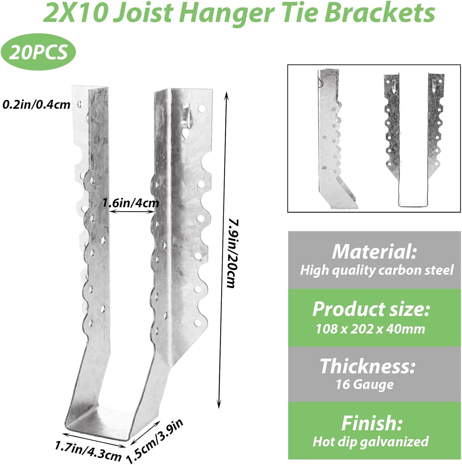 20PCS 2x10 Joist Hanger, 18 Gauge Galvanizing Face Mount Joist Hangers, Hurricane Ties for Rafters Tie Brackets Great for Floor Deck, Ceiling Joists, Wood, Roofs