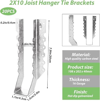 20PCS 2x10 Joist Hanger, 18 Gauge Galvanizing Face Mount Joist Hangers, Hurricane Ties for Rafters Tie Brackets Great for Floor Deck, Ceiling Joists, Wood, Roofs