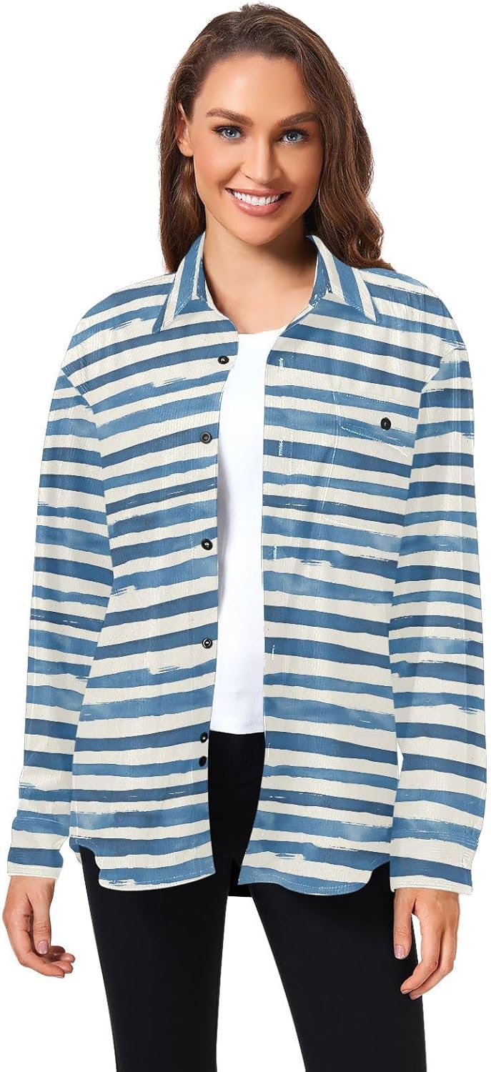 KLL Navy Blue and White Stripes Men Women Cotton Rugby Shirts Party Long Sleeve Work Outfits