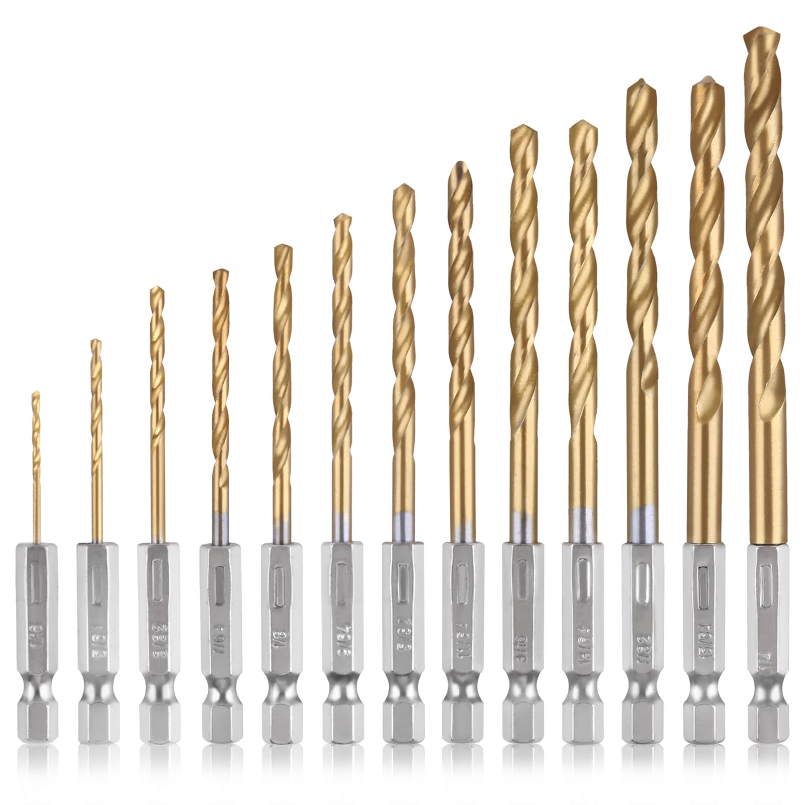 SPEEDWOX 13Pcs Titanium Twist Drill Bit Set 1/4 inch Hex Shank Drill Bit Set High Speed Steel Quick Change Hex Drilling Bit Twist Drill Bits Set Drill Bits for Metal Wood Plastic Aluminum 1/16"-1/4"