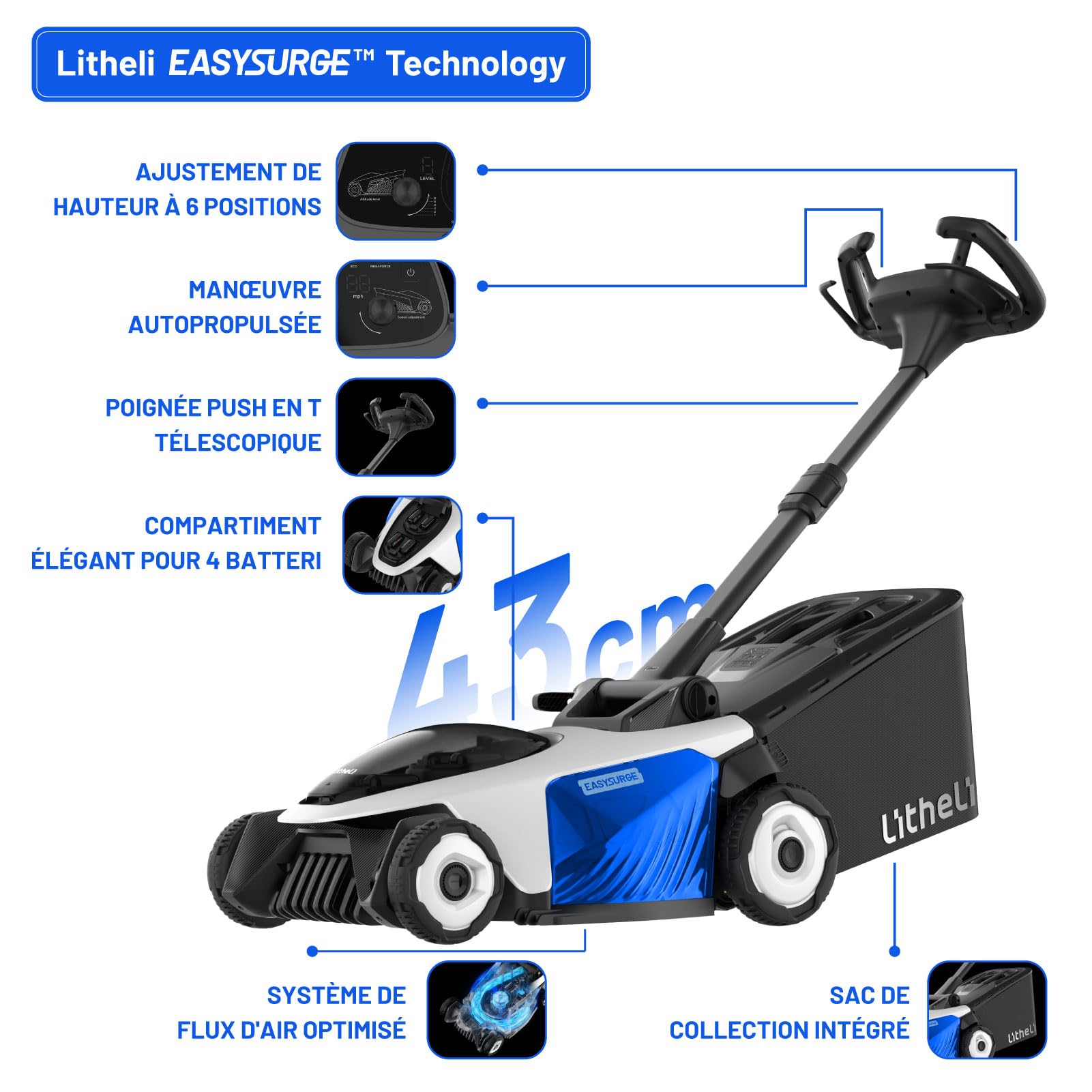 Litheli Easysurge Tondeuse à Gazon sans Fil 43cm, Autopropulsée (2,2-4,7 km/h), Bac 50L, 25-75 mm, Tondeuse à Gazon Batterie avec 4X 20V Batteries 4.0Ah et Chargeur