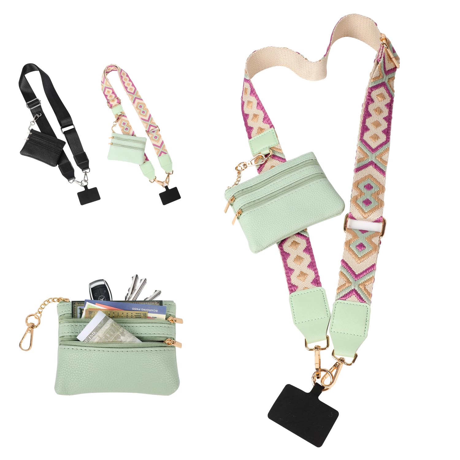 YOUSHEME Phone Strap with Zippered Pouch, Clip and Go Strap for Phone with Wallet Crossbody, Clip and Go Strap with Pouch, Cross Body Phone String with Zipper Wallet Pouch (Multicolor)