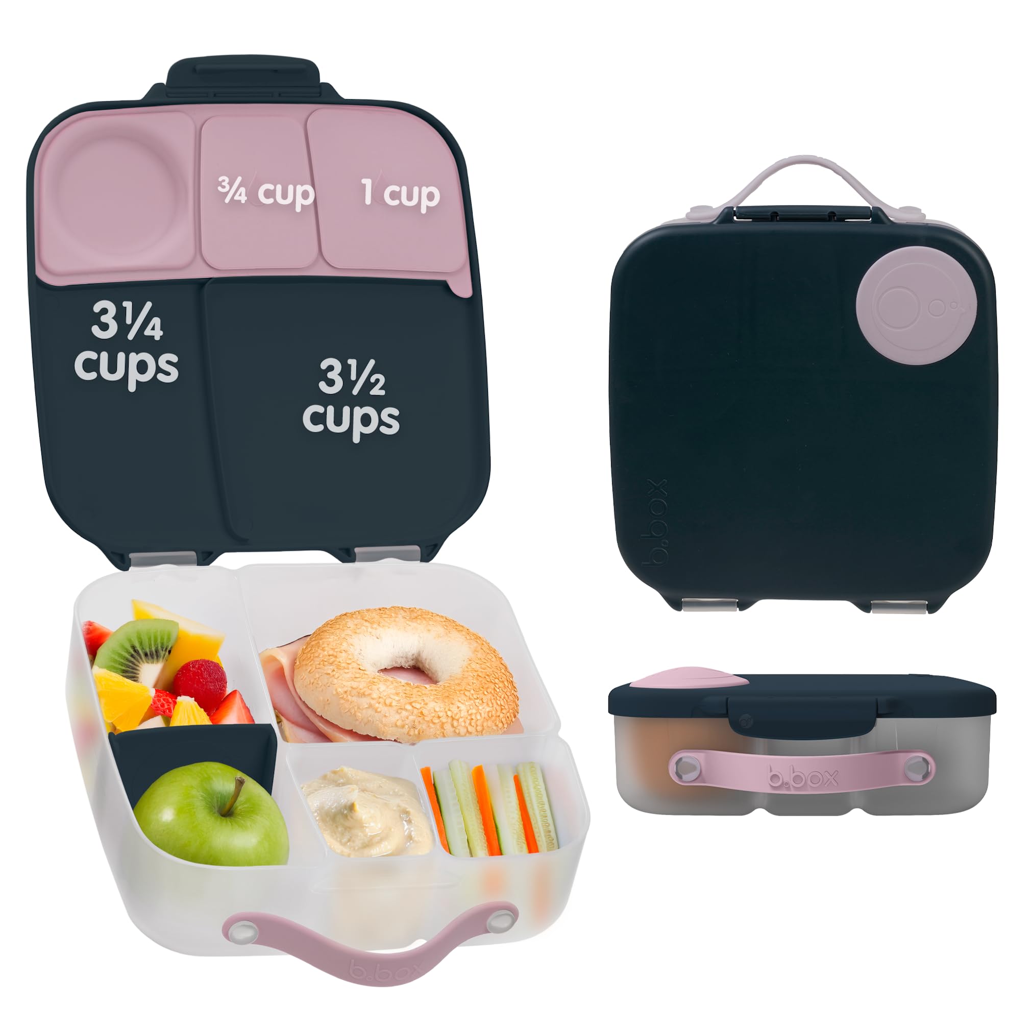 b.box Kids Lunch Box – 4 compartments (2 Leak-proof) Bento Box with Cold Pack & Removable Divider Reusable Snack Containers with Lids, Snack Box for Toddlers & Older Kids 8 1/2 cups (Indigo Pink)
