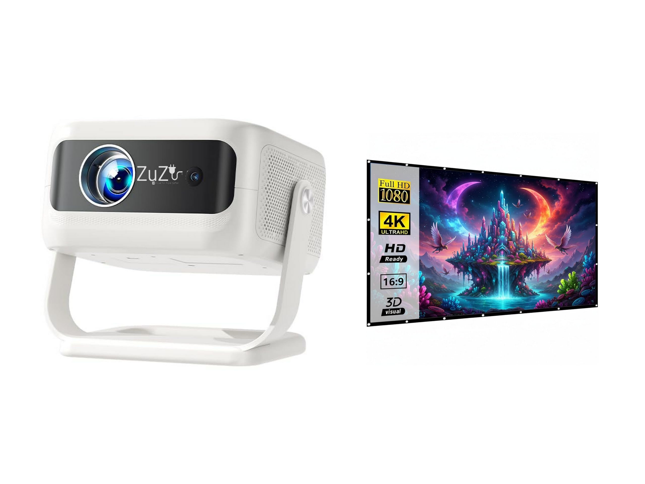 Zuzu Native 1080P|4K Support|WiFi|Miracast|Brighter 25000 lumens|Auto Keystone (25000 lm / 1 Speaker/Wireless/Remote Controller) Portable Projector (White) with 10x8 ft Projector Screen-image-9