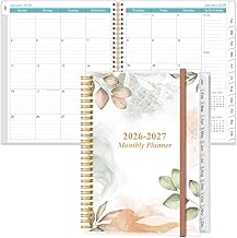 2026-2027 Monthly Planner - 18 Monthly Calendar, January 2026 - June 2027, Two Pages Per Month, 9" x11" Planner with Tabs, Strong Twin-Wire Binding, Inner Pocket, Rose Leaf
