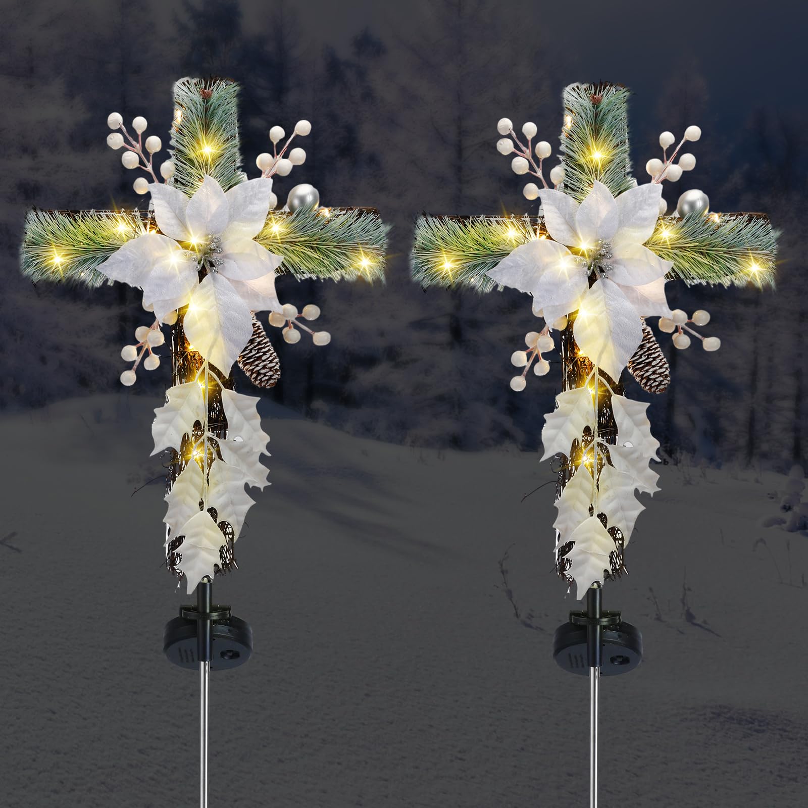 Thyle 34 Inch Solar Lighted Christmas Cross Stake Christmas Cross Stake Lights with Faux Pine Cones Needles Berries Leaves Memorial Outdoor Solar Cross for Cemetery Grave Decorations (White,2 Pieces)