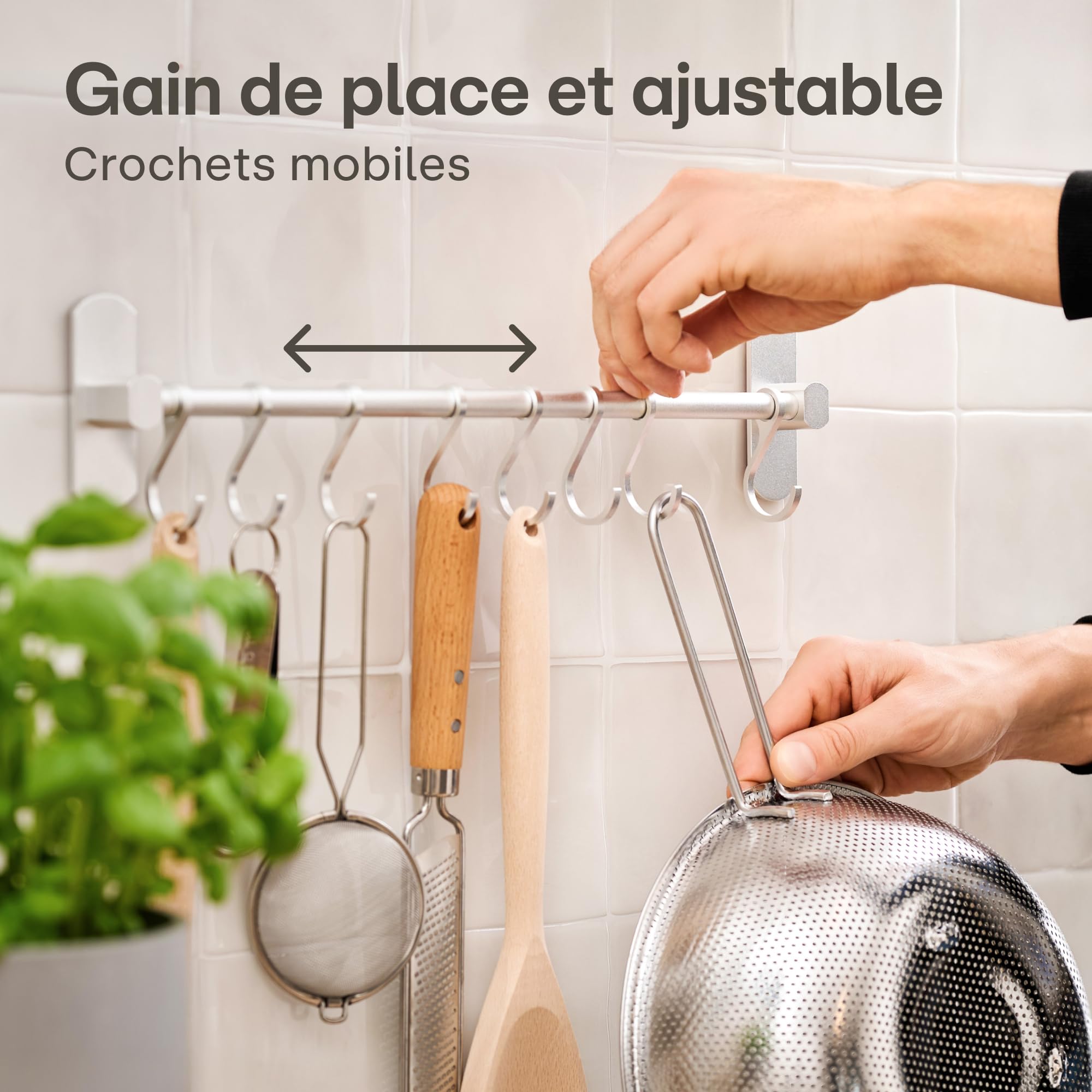 Barre De Cuisine Porte-Ustensiles Mural Sans Percage 40cm - 8 Crochets Amovibles Haute Charge