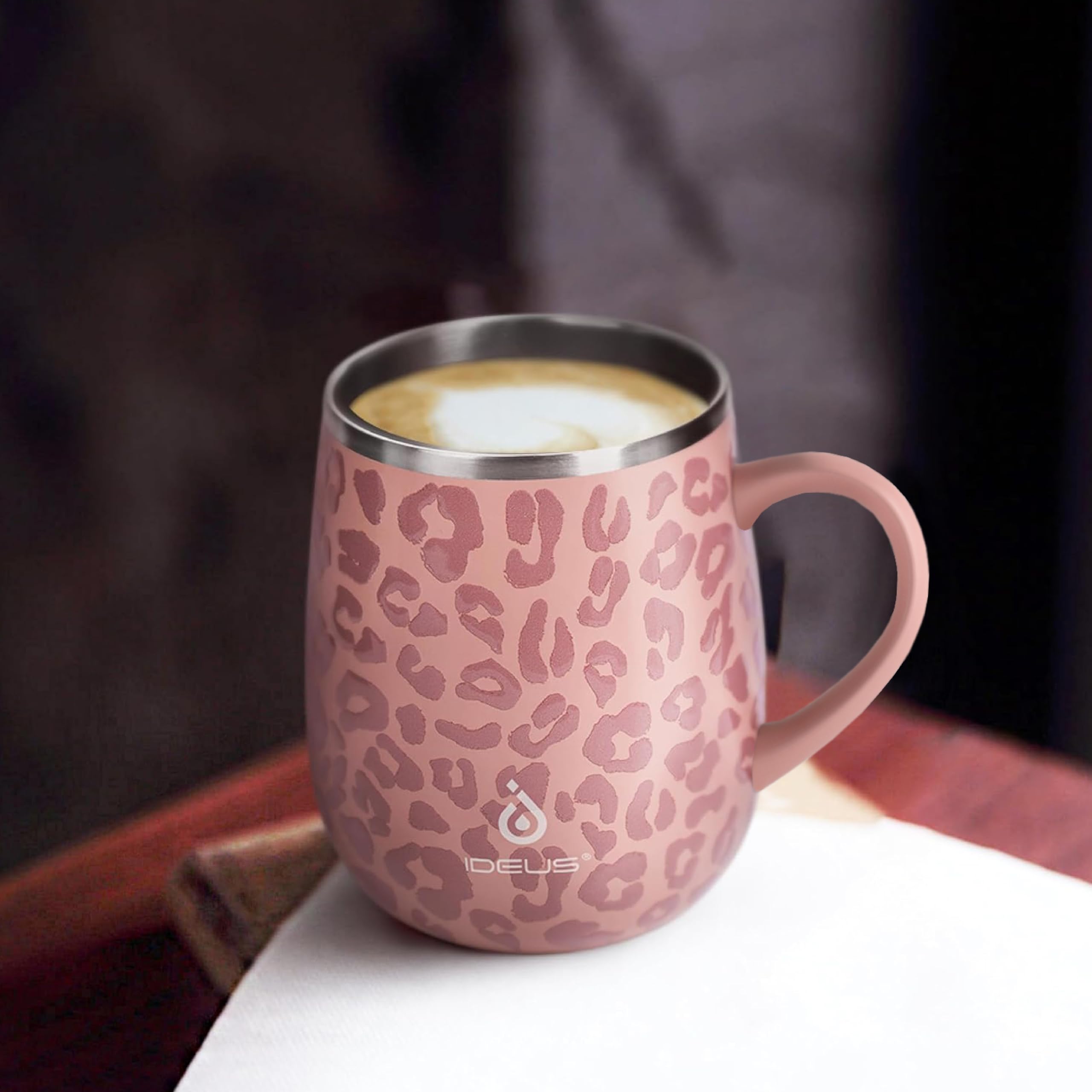 Ideus Taza de café aislada de 16 onzas con tapa y asa (rosa leopardo)