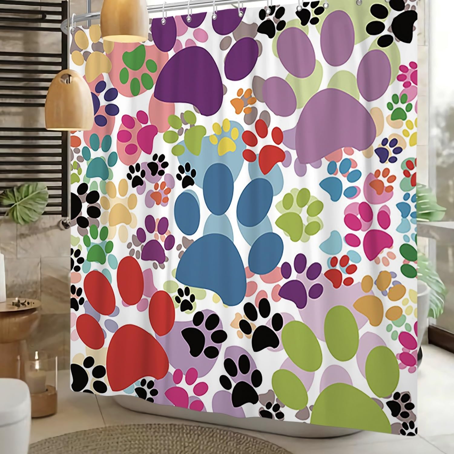 Xiaoterna Dog Paws Shower Curtain Cute Dog Pet Paws Animal Lover Claw Footprint Bathroom Curtain Colorful Cartoon Dog Cat Paw Mould and Mildew Resistant Machine Washable Shower Curtain 180x220cm - Image 2