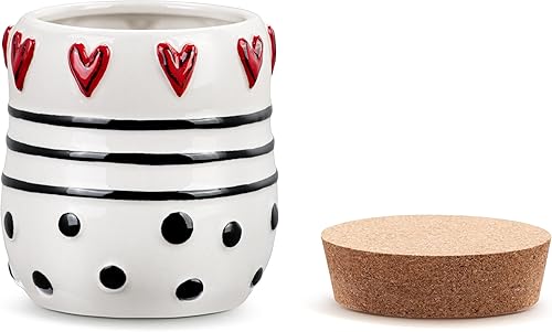 Vista 2 de DEMDACO Heartful Home by Tracy Pesche Collection - Tarro pequeño de cerámica con tapa de corcho, diseño de corazón rojo, puntos y rayas negras, 4.5