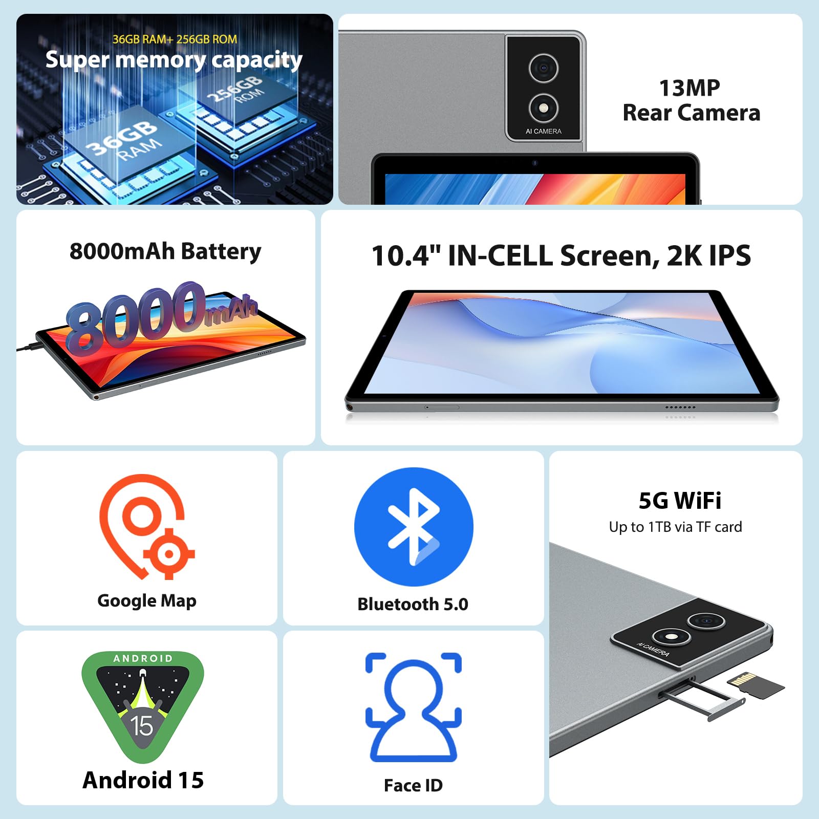 WOREGOO 10.4 Pollici Tablet Android 15, 5G WiFi, Tablet in Offerta 36GB RAM+256GB ROM(TF 1TB), 2000x1200 FHD, Octa-Core, Widevine L1/8000mAh/8MP+13MP/BT5.0/GPS/GMS, con Tastiera e Mouse, Grigio