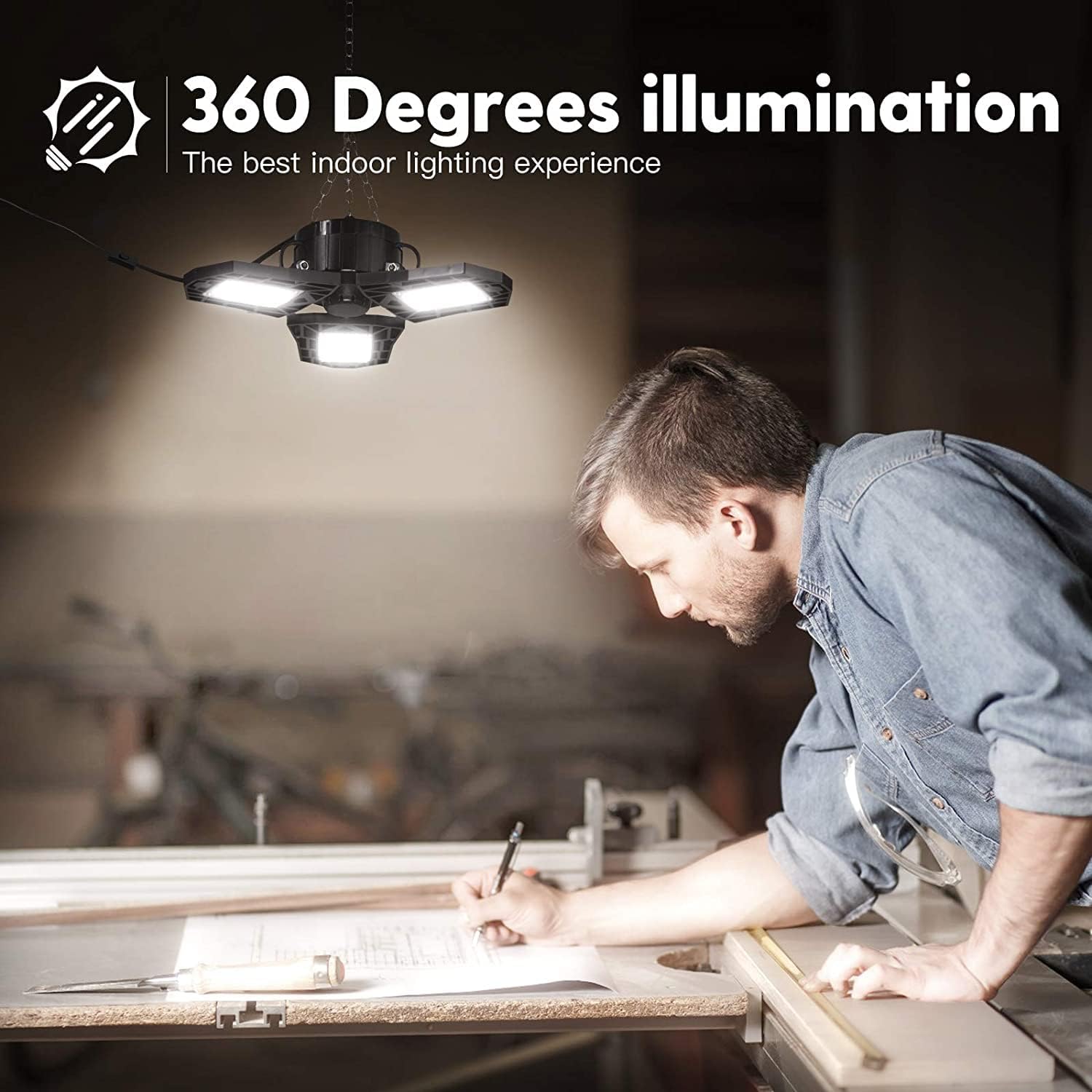 Plug in Linkable LED Garage Light with ON/Off Switch - 6000 Lumen 6500K Daylight 60W, Three Leaf Led Garage Ceiling Lights, Pack of 2