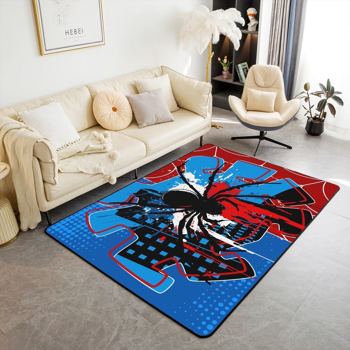 Spider Web Kids Area Rug,Spider Arachnid Insect Animal Indoor Floor Mat Entrance Rug for Boys Girls Women Men,Modern Block Halloween Non Slip Rug,Red Blue Unique Couch Living Room Decor,3'x5'