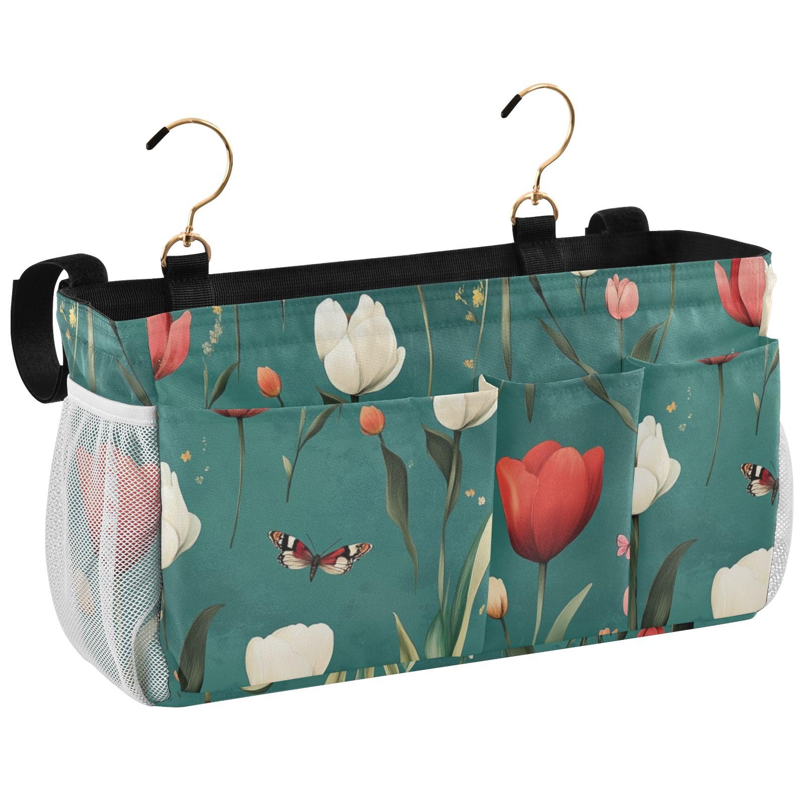 FRODOTGV Aesthetic flower Teal Bedside Caddy Hanging Organizer Bags with Big Pockets And Bottle Holder for Bedside Shelf and Bunk Bed Shelf, Bed Caddy for Home, Dorm, Bunk