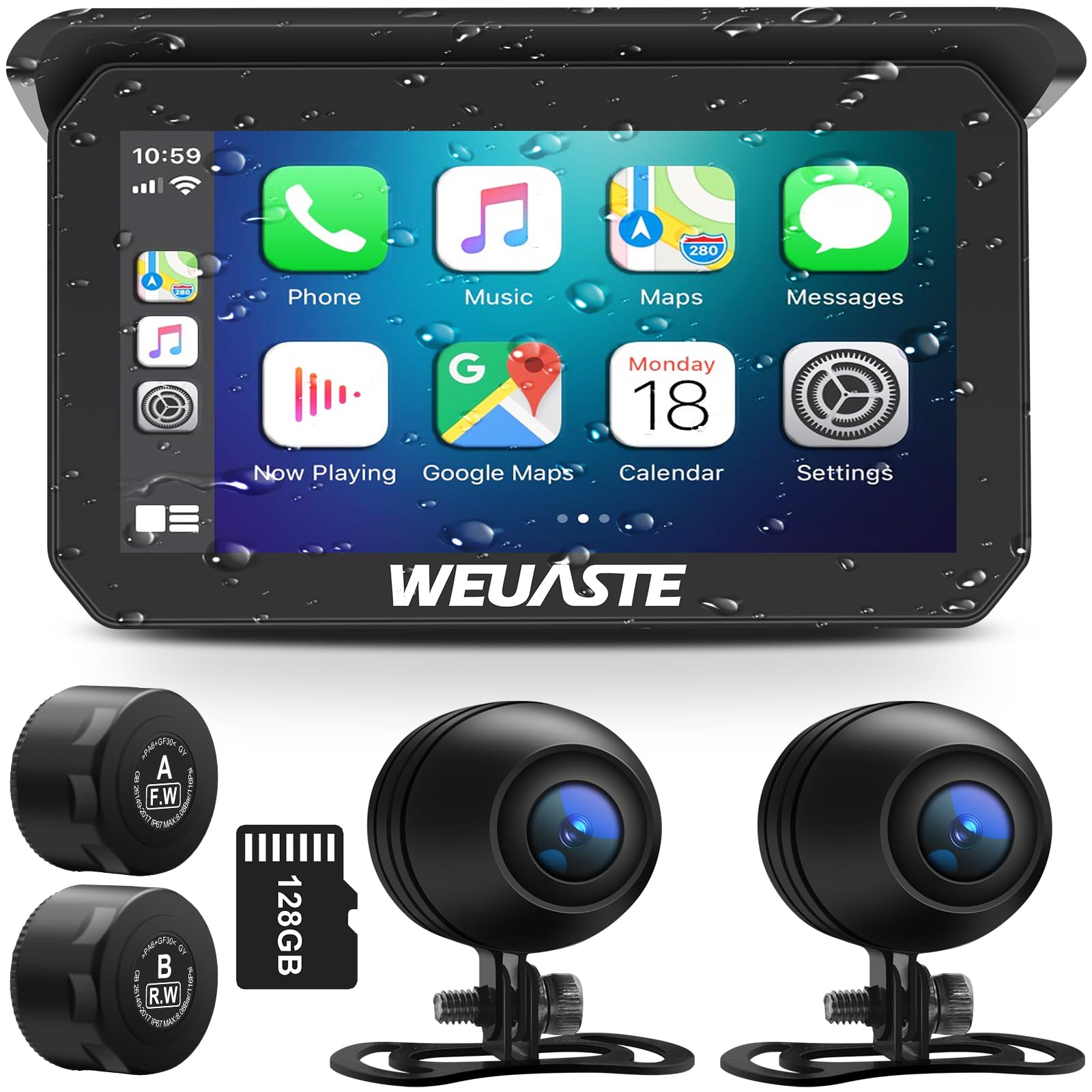 Weuaste Portable 5" Wireless Motorcycle Carplay (Include 128 GB TF) with 1080P Dual Motorcycle Dash Cam/Camera (IMX307 Chip), GPS Navigation System,