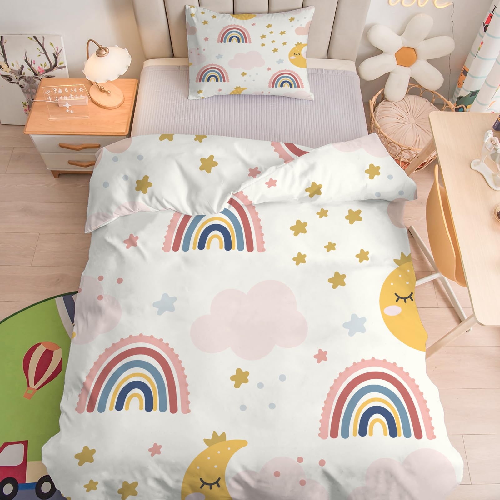 Parure de lit pour Enfant et BéBé étoiles Étoile Housse de Couette 100x135 cm Bebe et Taie d'oreiller 40x60 cm, Lune Jaune Réversible Ensemble de Literie Linge de Lit pour Tout-Petits