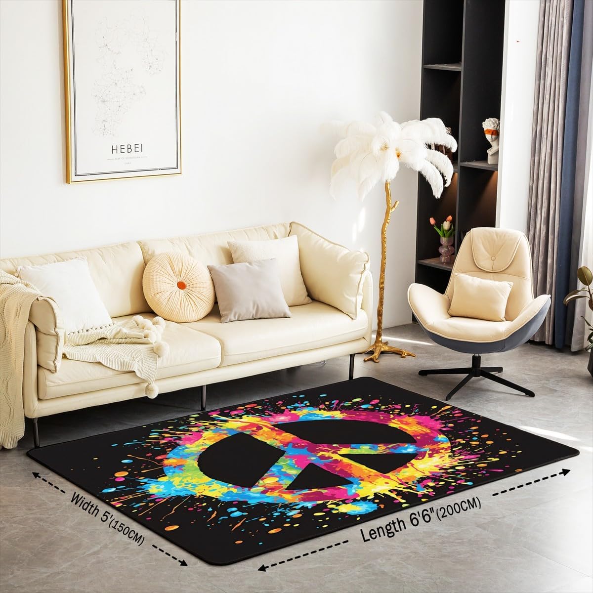 Erosebridal Peace Symbol Area Rug 5x7, Watercolor Ombre Rectangular Carpet for Living Room, Simple Colorful Print Non Shedding Indoor Floor Mat for Kids Girls Boys, Rainbow Tie Dye Decorative Rug