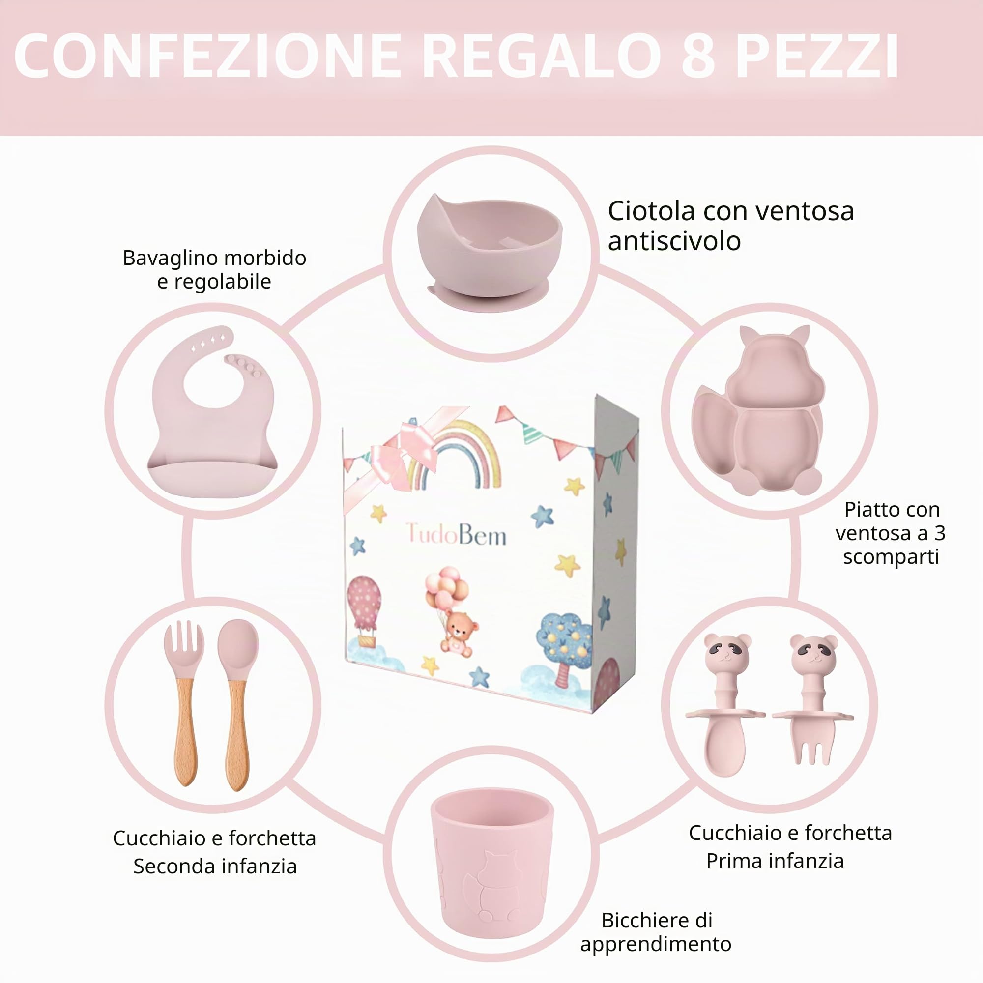 TudoBem Set Pappa Svezzamento 8 Pezzi – 1 piatto svezzamento con Ventosa, 1 Bavaglini Neonato, 1 Ciotola Antiscivolo, 2 Posate Bambini, 1 Cucchiaino Svezzamento, 1 Bicchiere Neonato 6 Mesi Prima Pappa