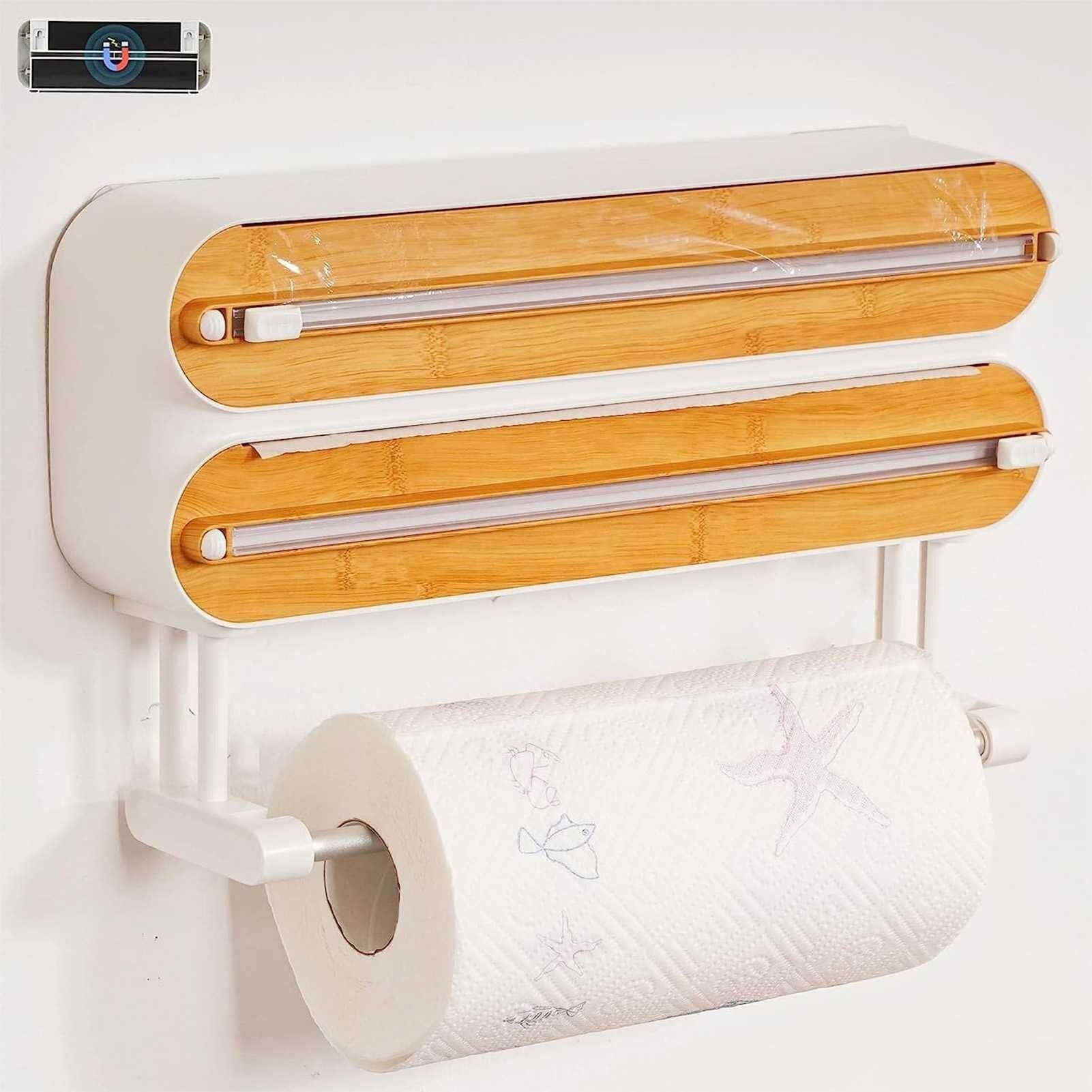 Dispensador magnético 3 en 1 de papel de aluminio y envoltura de plástico con cortador Dispensador reutilizable de papel film con cortador Organización y almacenamiento de papel de aluminio con soport
