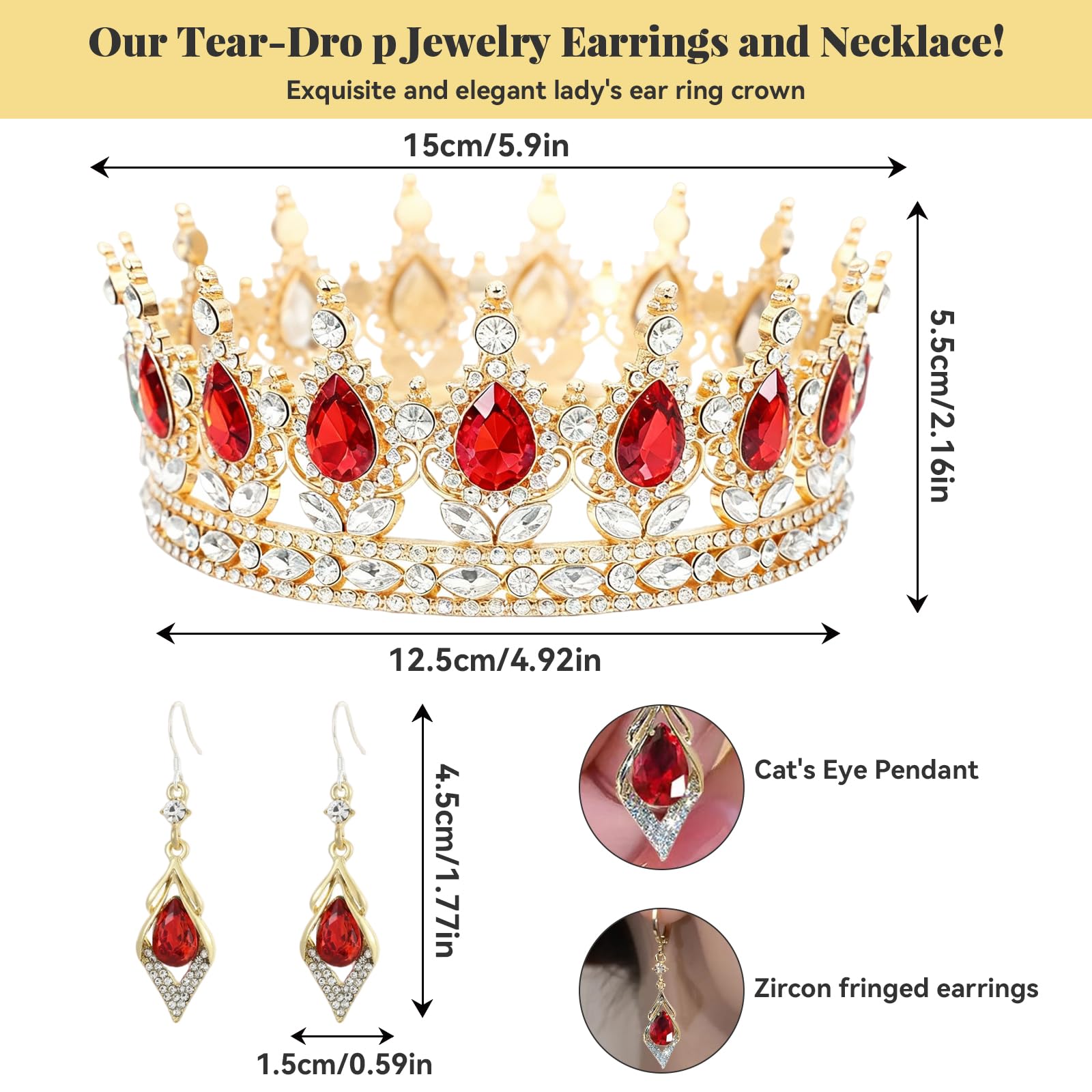 Złota korona dla kobiet, kolczyki z kryształkami, vintage barokowa tiara koronowa, imitacja błyszczącej kryształowej tiary dla dziewcząt i kobiet ślub przyjęcie urodzinowe