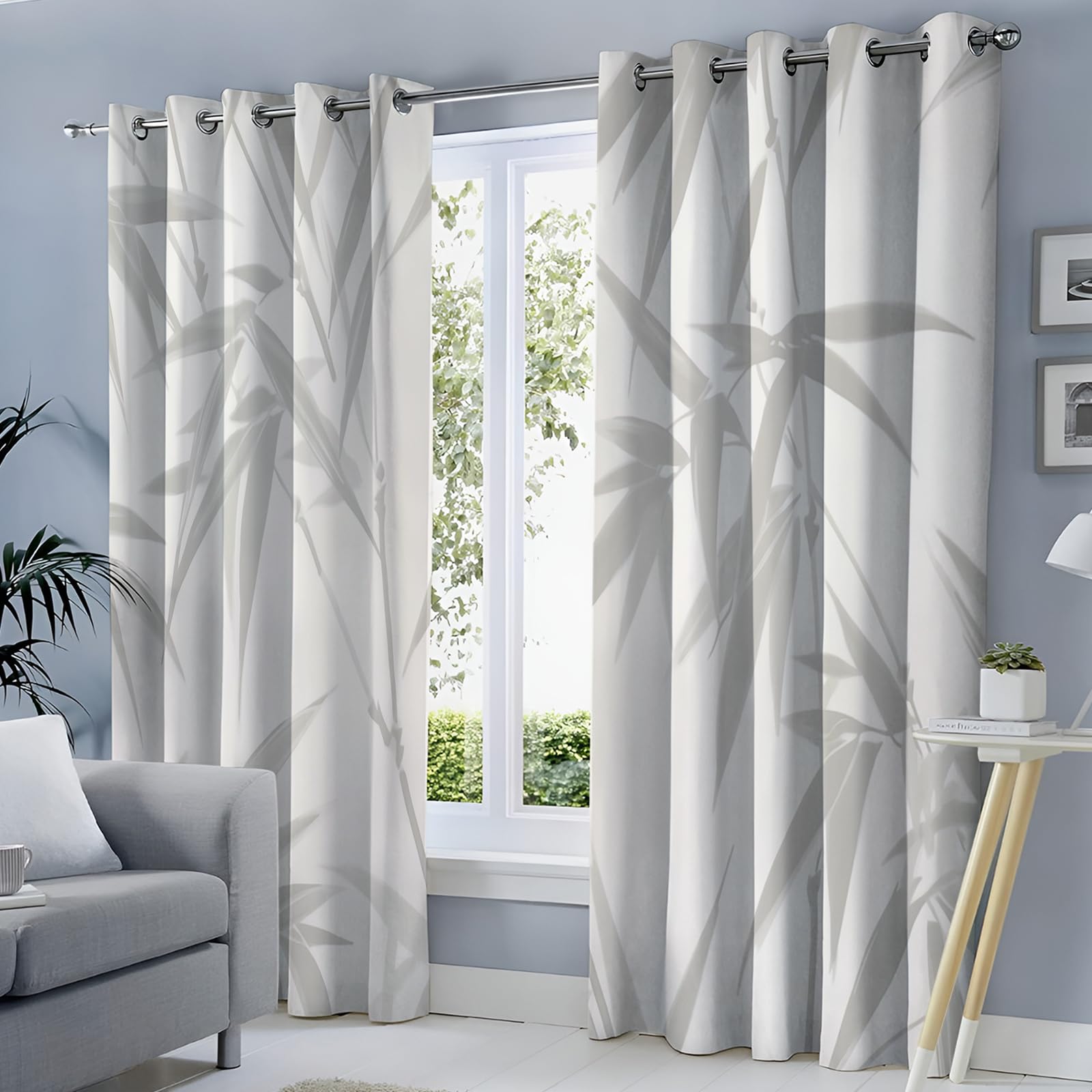 Tenda Oscuranti Bianco Foglie Della Foresta Di Bambù Tende Stampate In 3D Con Passanti Piante Naturali Camera Da Letto Cucina Soggiorno Balcone Decorazione Da Finestre,140L X 160A Cm