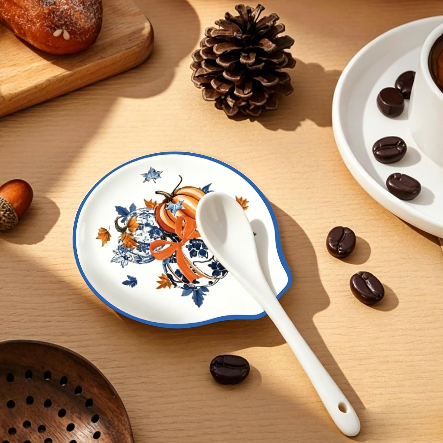 JarThenaAMCS 4.7 Inch Fall Ceramic Spoon Rest, Blue Pumpkin Maple Leaf