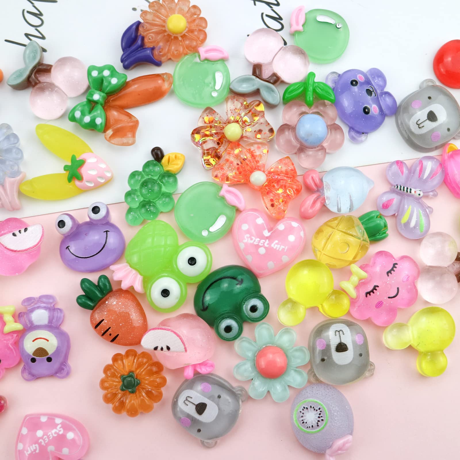 100 STKS 3D Leuke Fruit Dier Plaksteen Hars Charm Geen Gat Kralen voor DIY Scrapbooking Versiering Telefoonboek Haar Clip Craft Sieraden Craft Maken Benodigdheden, Mix-Kleur