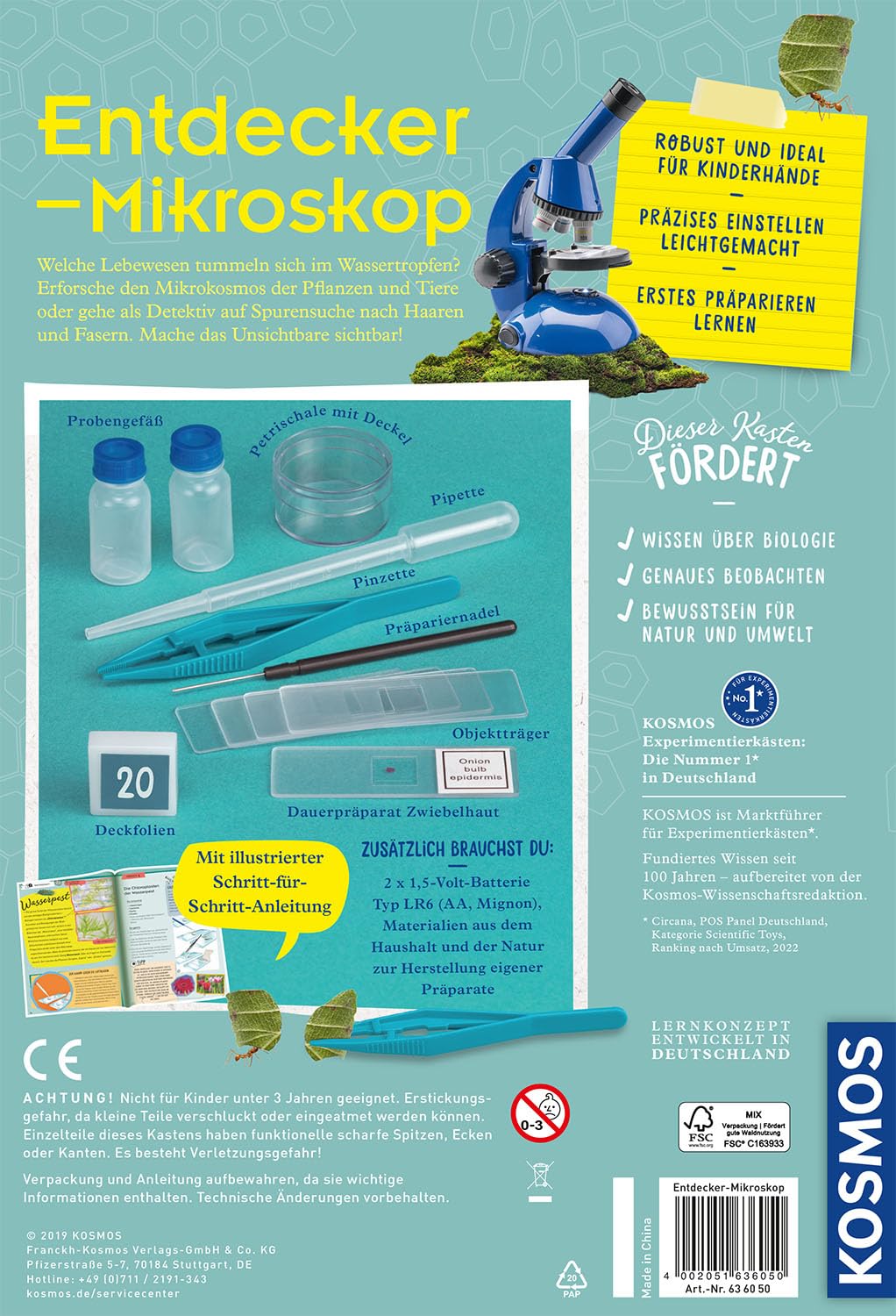 KOSMOS 636050 Entdecker-Mikroskop – Experimentierkasten für Kinder ab 8 Jahren, Schüler-Mikroskop zum Forschen und Entdecken, Kinder
