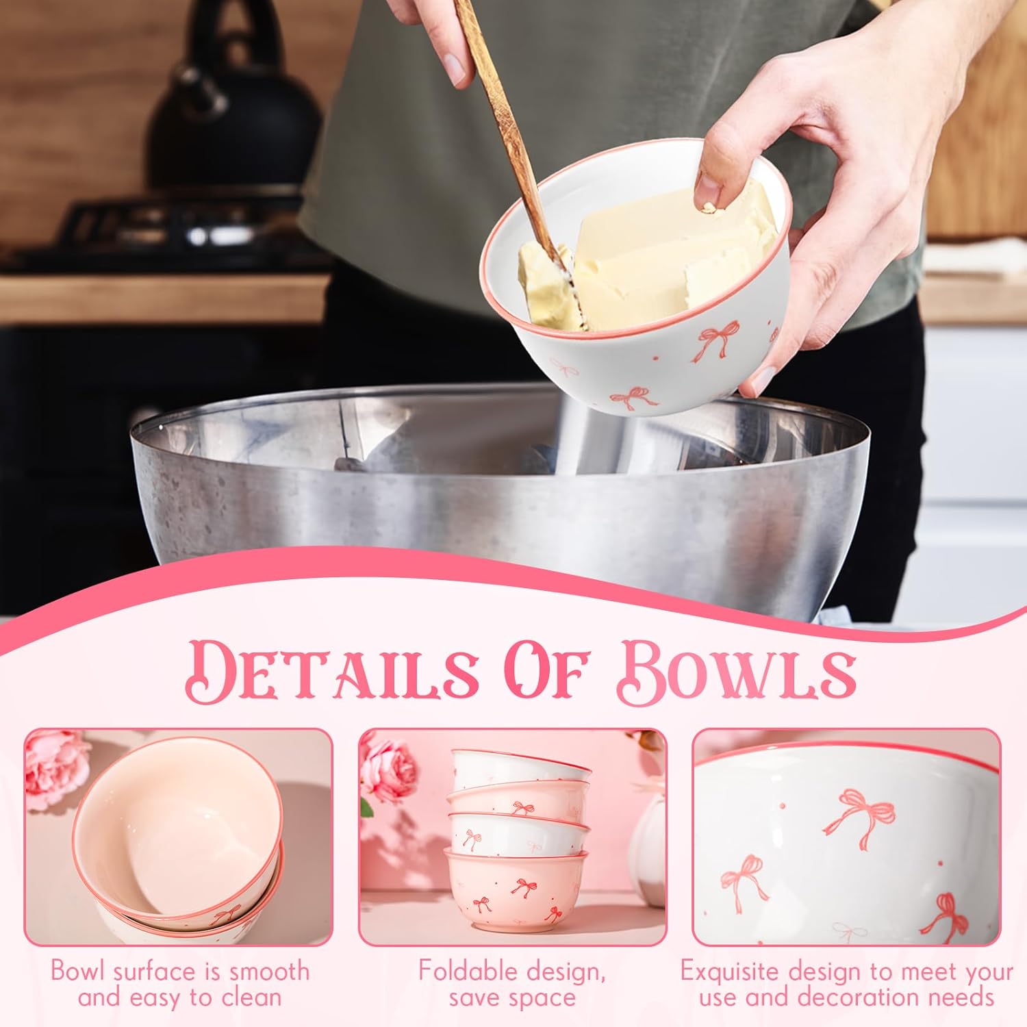 Reallnaive 4 Pcs Pink Bow Ceramic Bowls Set 4.5 Inch Coquette Cute Soup Bowl 12 Ounces Dessert Bowls for Kitchen Side Dishes Ice Cream Rice Soup Snack Cereal, Microwave and Dishwasher Safe