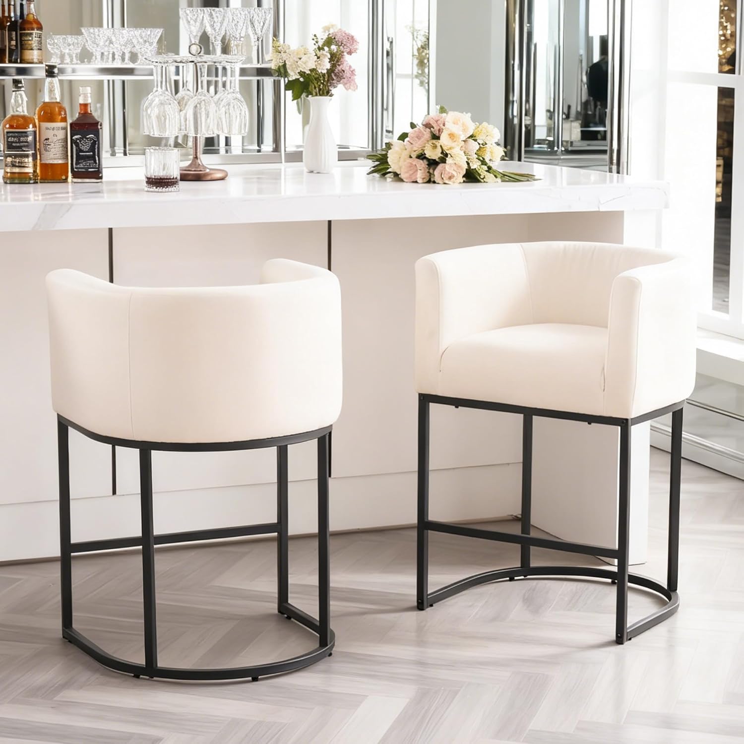 26" Counter Height Bar Stools Set of 2, Linen Fabric Upholstered Kitchen Counter Bar Stools, Modern Barrel Accent Barstools for Island with Backrest and Arms, Black Metal Frames, Beige