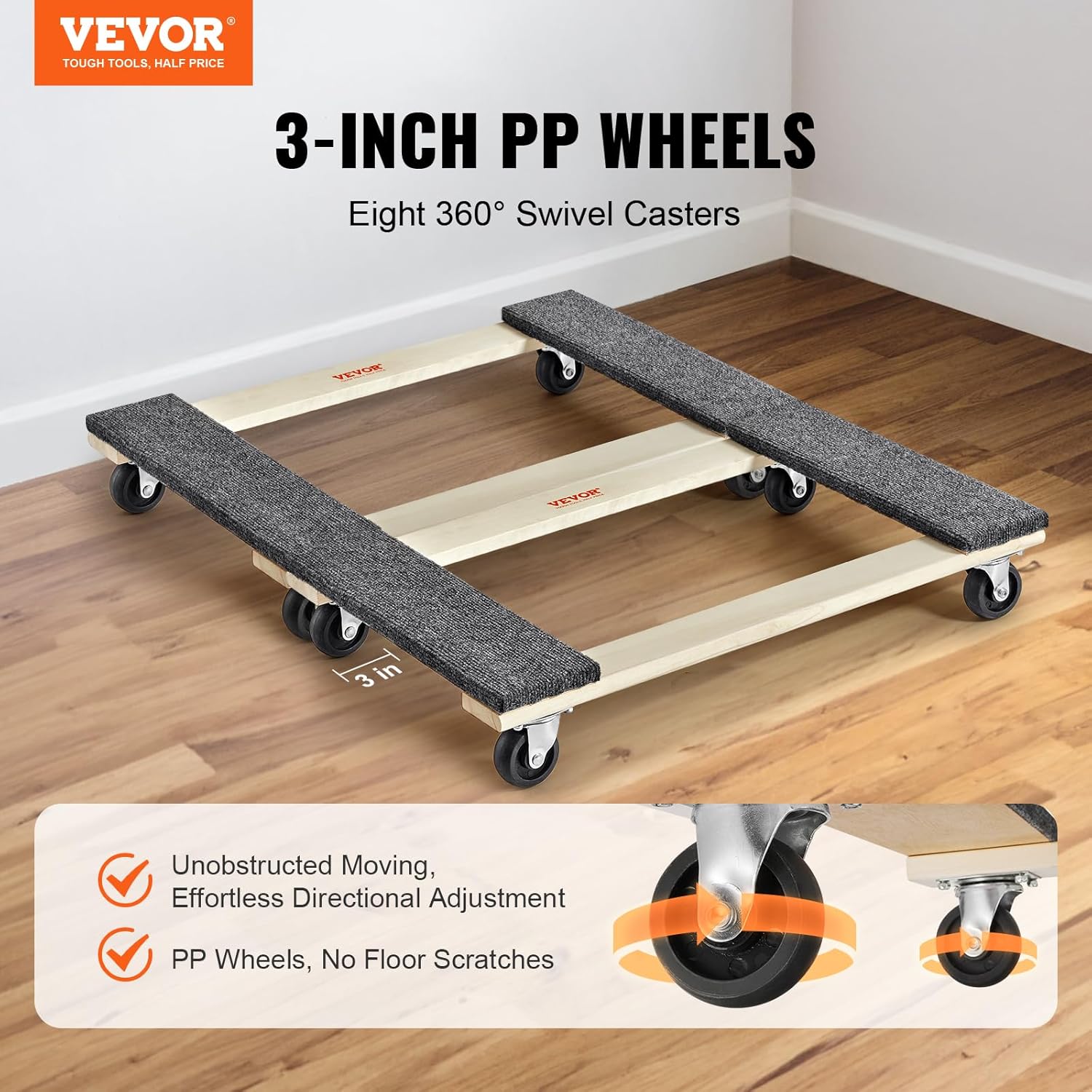 VEVOR Hardwood Furniture Moving Dolly, 30 in. x 18 in. 4 x 3 PP Swivel Casters, Heavy Duty Wooden Mover Dollies, Moving Cart with Wheels for Heavy Furniture, 1000 lbs. Capacity, 2 Pack 30in x 18in -2 Pack