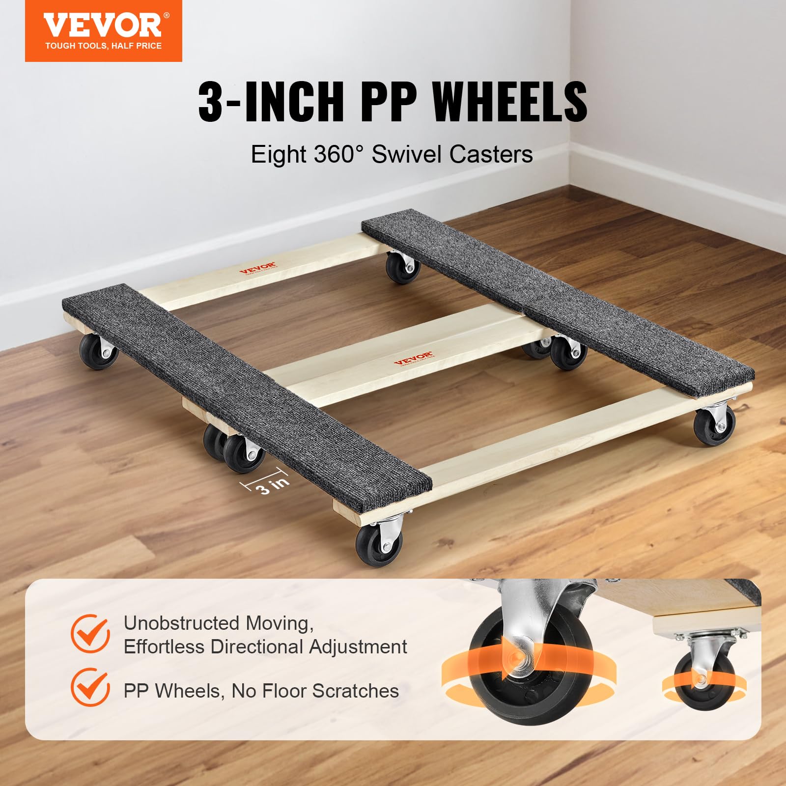 VEVOR Carrello per mobili, capacità di carico di 1.000 libbre ciascuno, 2 pacchi, 18" x 30", 8 x 3" Ruote girevoli in PP, Carrello per mobili in legno duro per carichi pesanti
