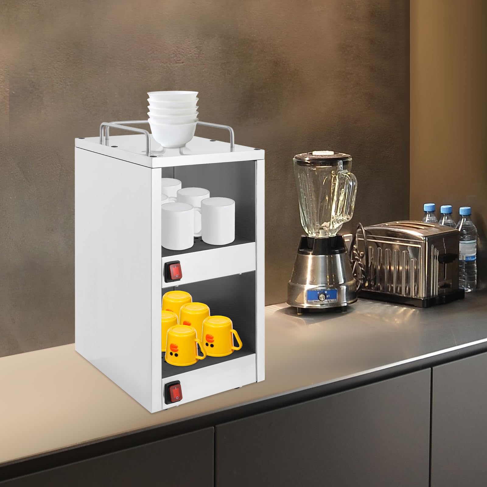 Calentador de tazas profesional de acero inoxidable con compartimentos térmicos de dos niveles, calentador de platos, calentador de platos eléctrico, vitrina caliente para gastronomía, 25 x 32 x 55,5