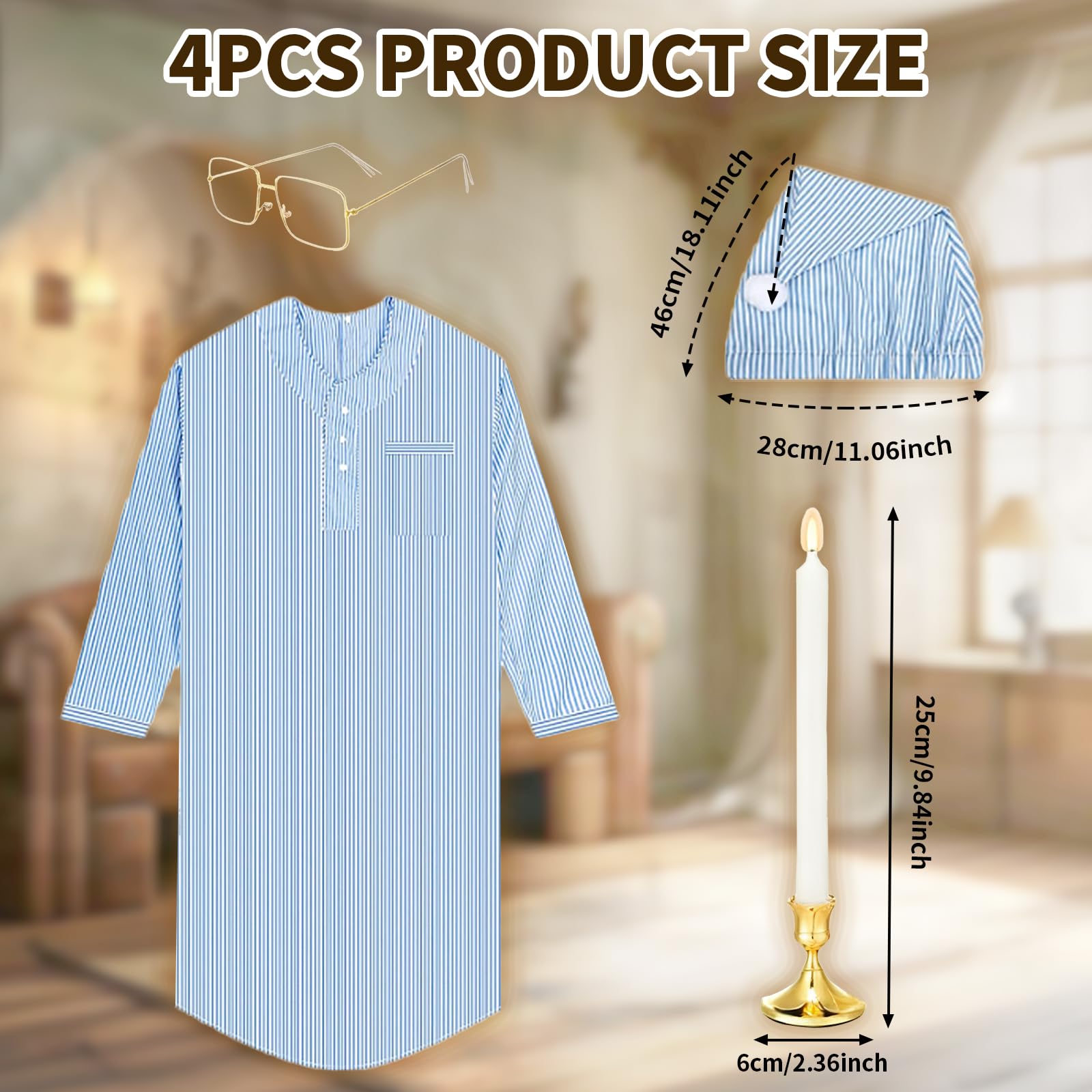 Conjunto de pijama divertido de 4 piezas para Navidad y carnavales, incluye bata, gorro de noche, gafas y velas de imitación