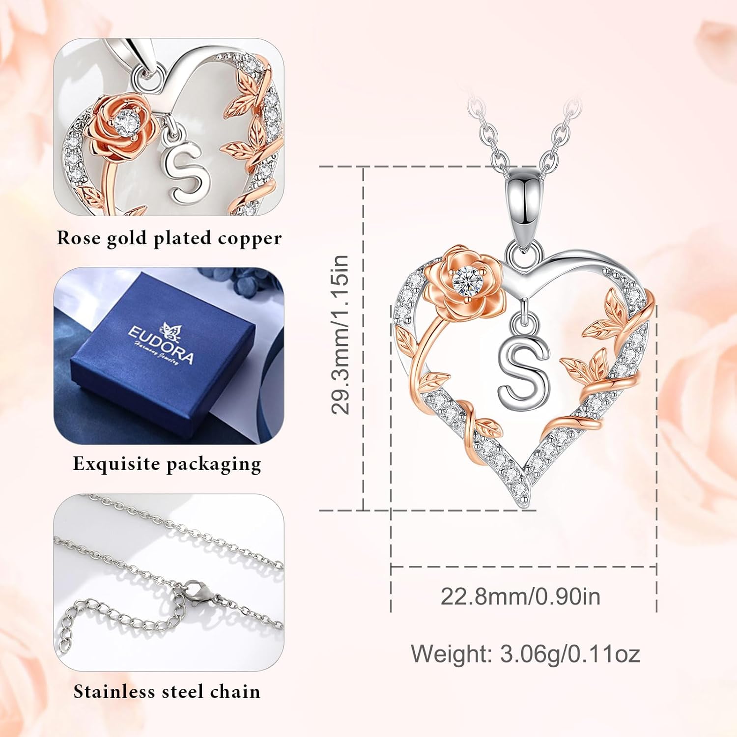 EUDORA Rose Heart Initial Necklace for Women Letter Alphabet Initial Necklaces Copper Rhodium Plated Pendant with Cubic Zirconia, Initials Jewelry Gifts for Women Wife Mother, 18" - Image 7