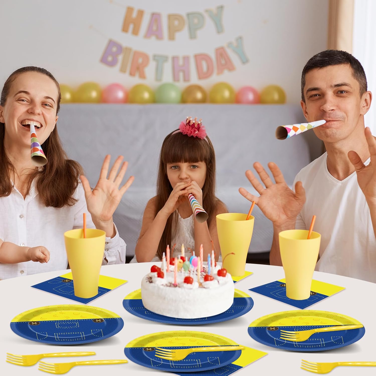 96Pcs Yellow Cartoon Birthday Party Supplies Yellow Cartoon Paper Plates Napkins Disposable Party Tableware Set Dinnerware for Girl Birthday Baby Shower Decoration Serve 24 - Image 6