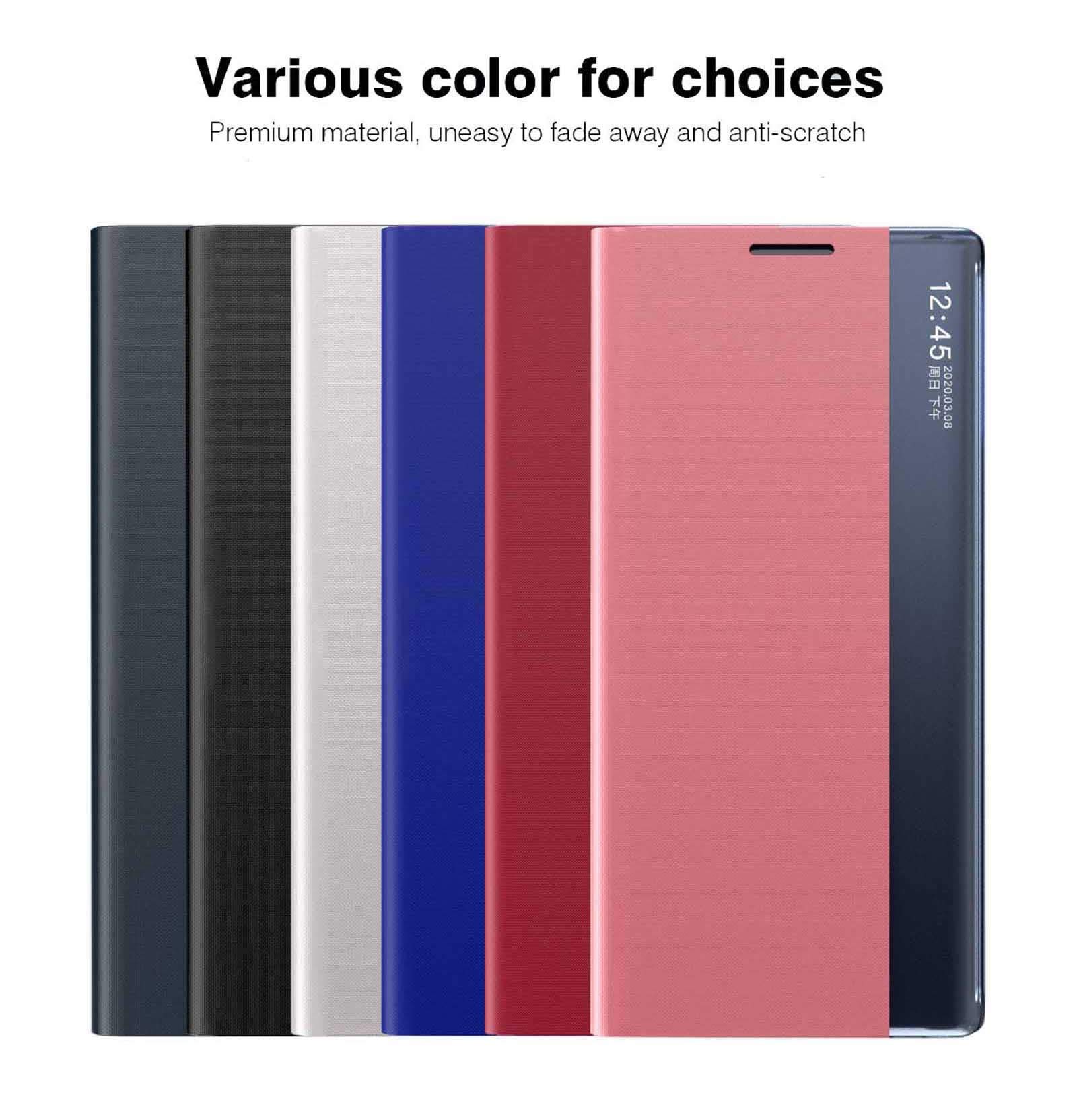 Etui LEYAN do Samsung Galaxy S21 5G, Premium skórzane etui z klapką z przezroczystym okienkiem, etui z klapką Smart View ze składanym uchwytem, granatowe