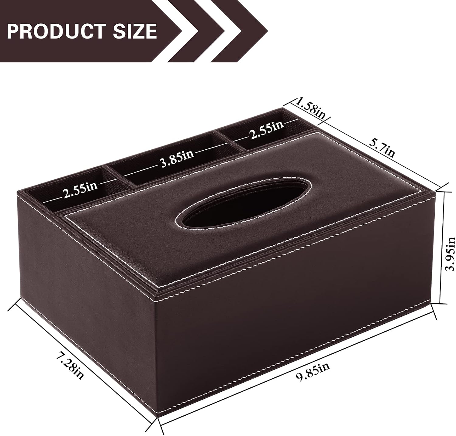 PU Leather Rectangular Tissue Box Cover - Multifunctional Tissue Box Holder with Stationery Remote Control Box, Decorative Tissue Pen Remote Organizer for Home/Office/Restaurant (Brown) image 4