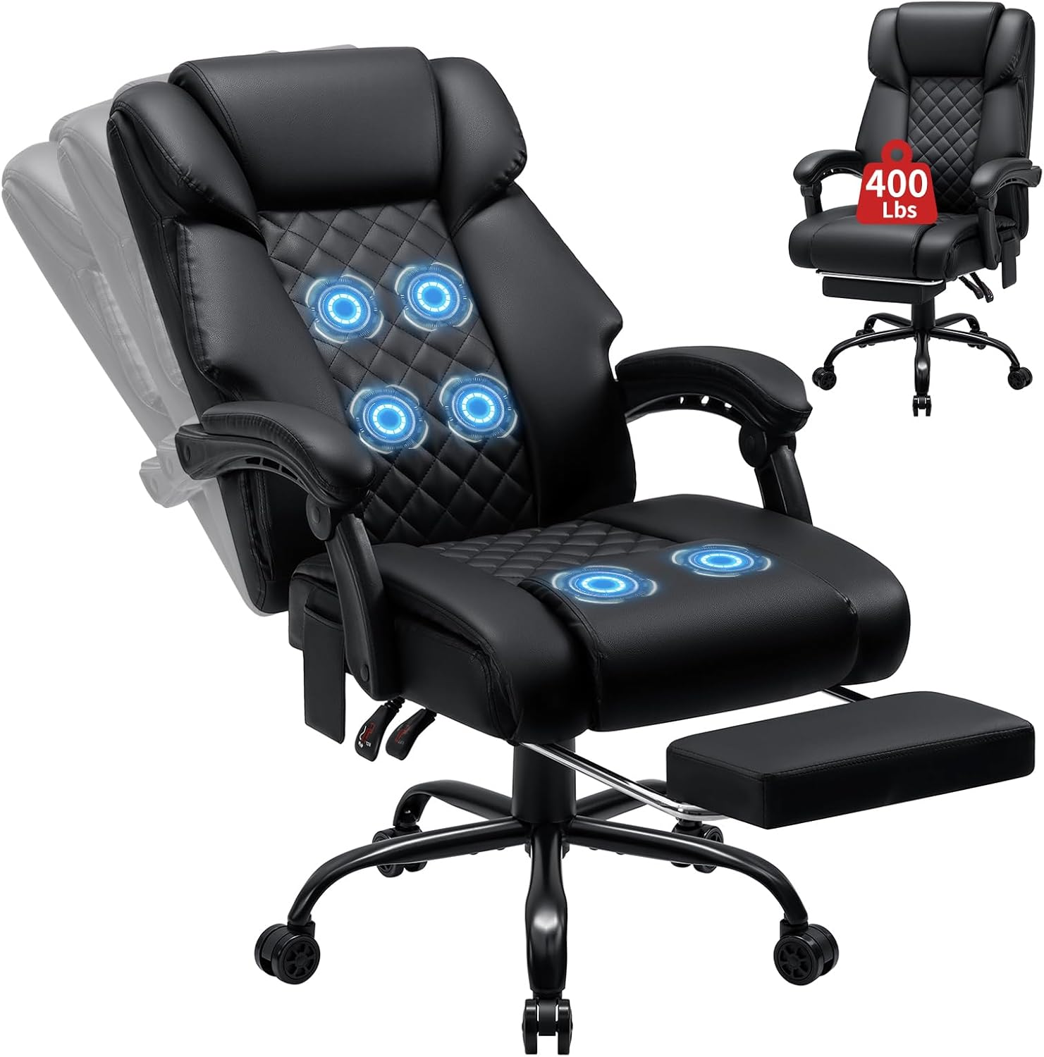 HOFFREE 400lbs Massage Office Chair with 6 Points Vibration Ergonomic Executive Office Chair with Foot Rest Reclining High Back Computer Desk Chairs Black