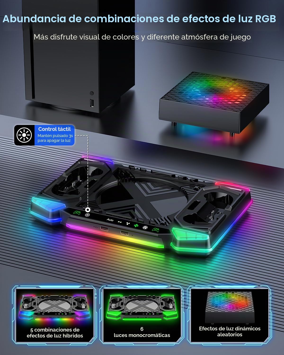 Sistema de ventilador de refrigeración automático mejorado y soporte de carga para consola Xbox Series X y controladores, accesorios con 11 luces RGB y batería recargable de 2 x 1400 mAh, soporte para