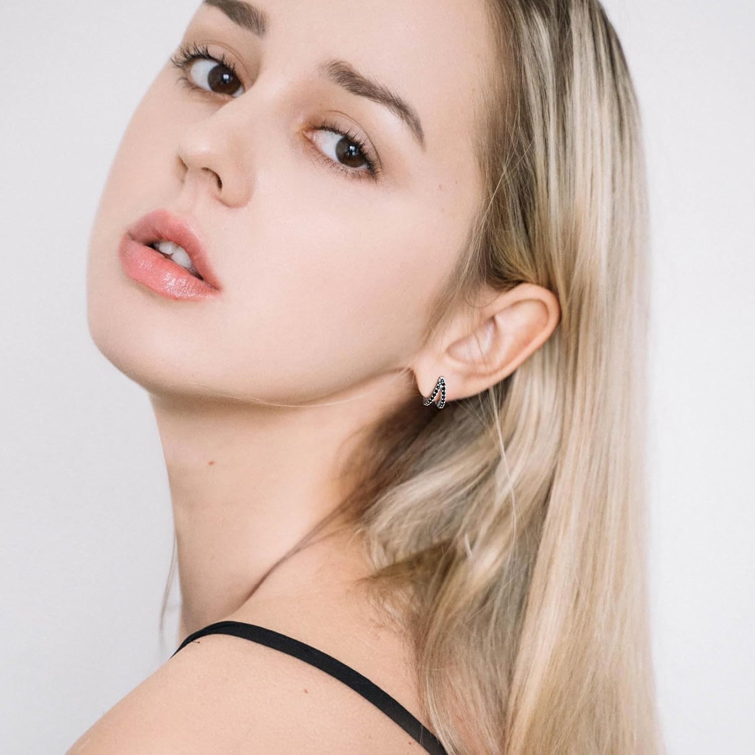 SWEETV 925 Sterling Silver Post Cubic Zirconia Hoop Earrings for Women, Womens Small Hoop Earrings Tiny Cartilage Huggie, 8mm for Adult - Image 3