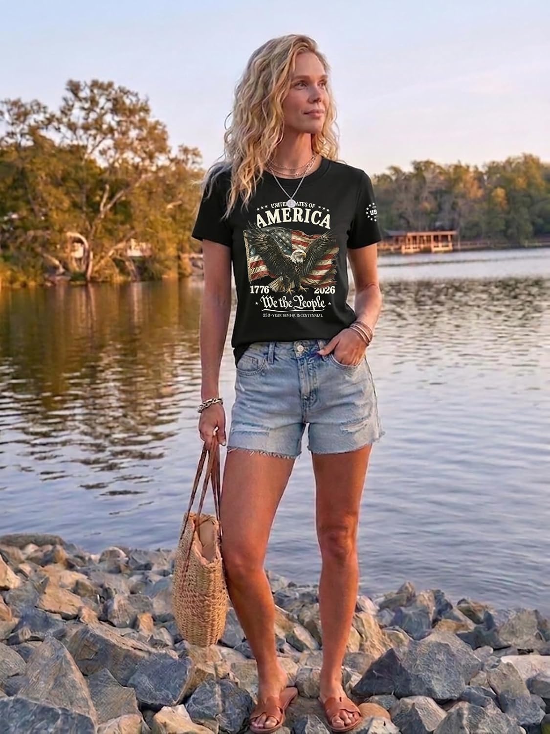 250th Anniversary USA Patriotic Crew Neck T-Shirt for Women, Cotton 1776-2026 Tee, 4th of July Casual Tops