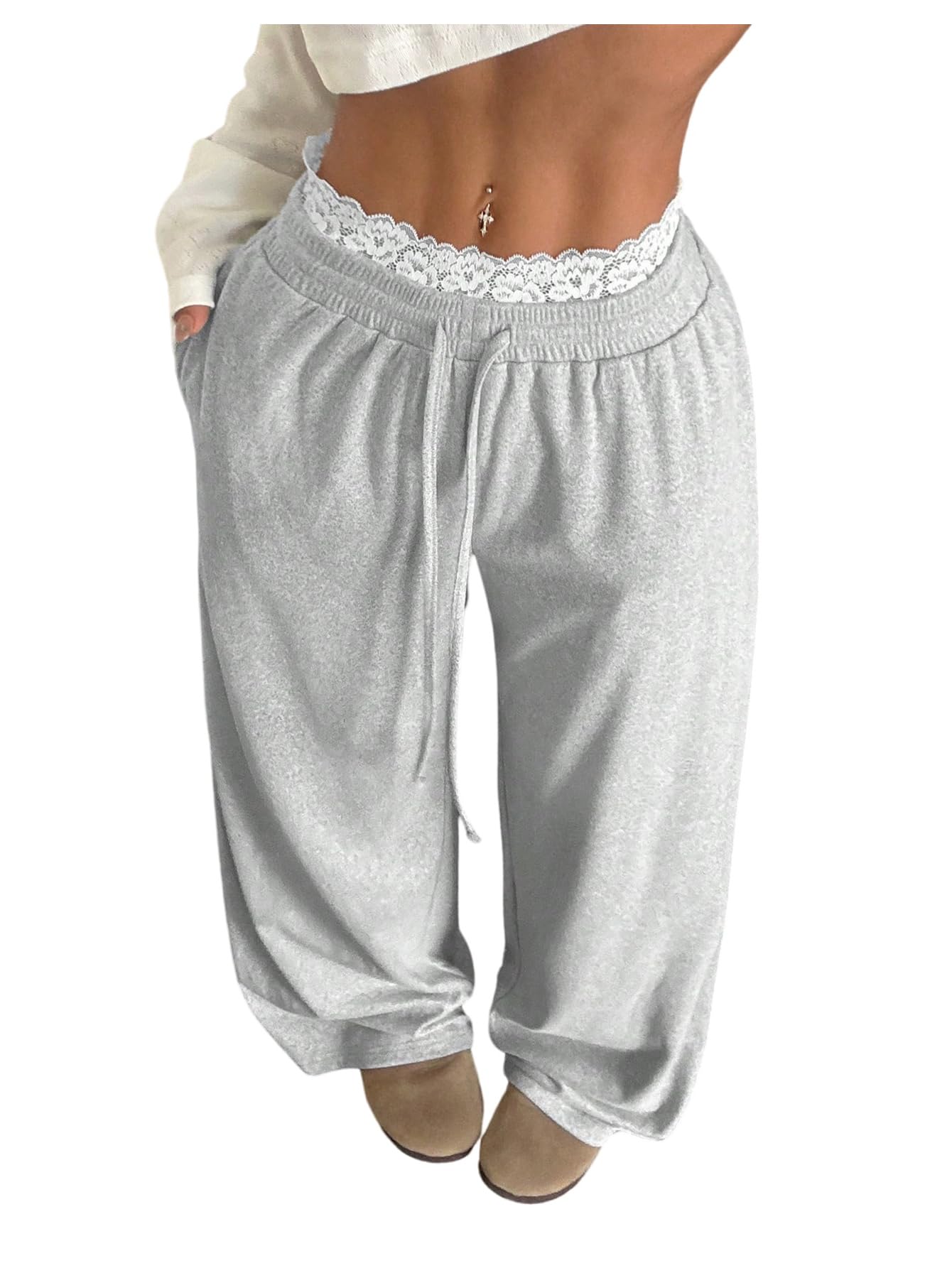 SweatyRocks Womens Plus Size Wide Leg Sweatpants Baggy Elastic Waist Eyelet Lace Trim Sweat Pants with Pocket Trousers