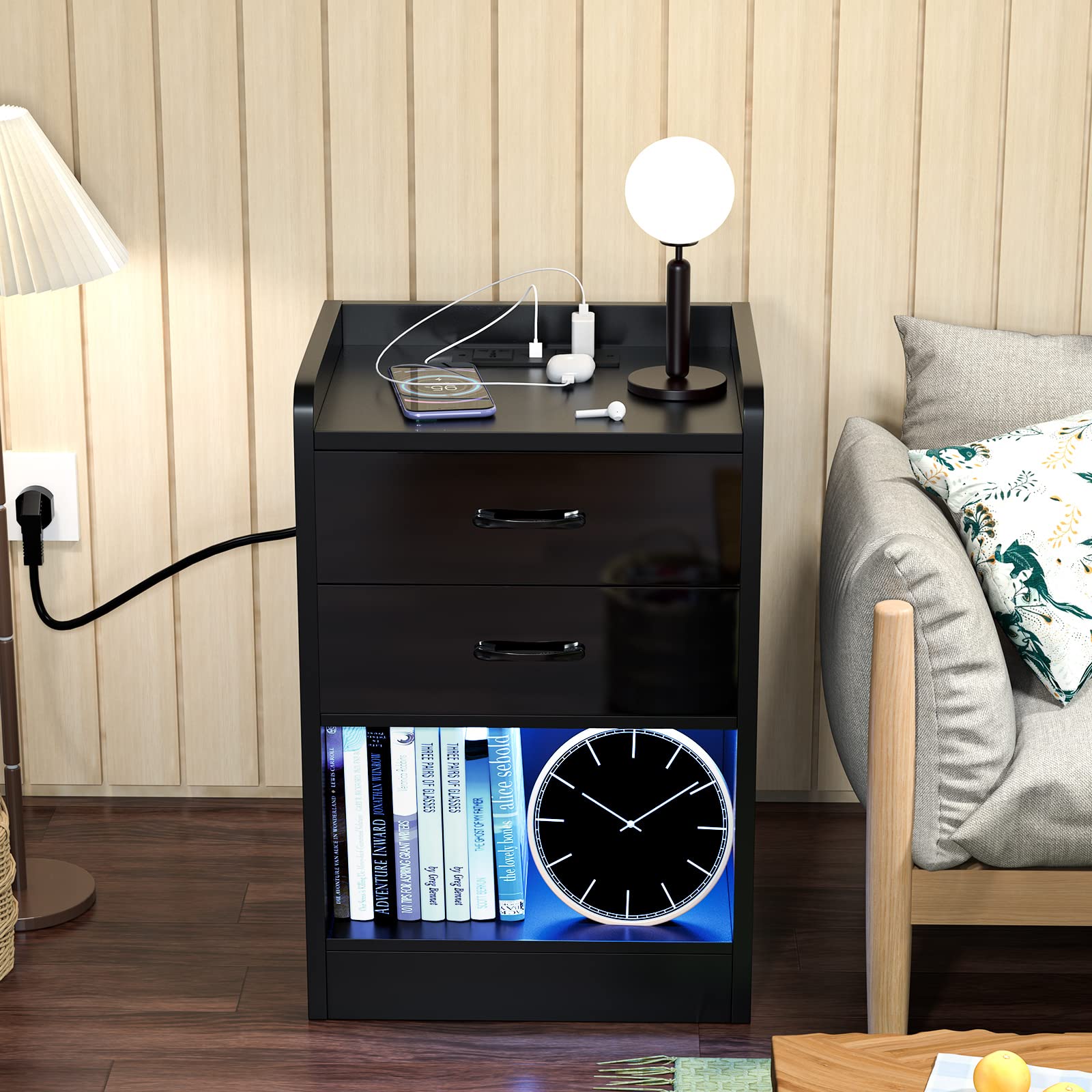 Comodino Moderno Con Luci LED E Porte USB, 2 Cassetti, Ricarica Wireless, Nero
