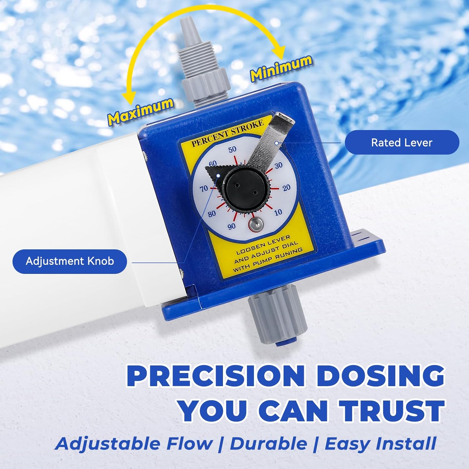 Diaphragm Metering Pump for Chemical Laboratory Dosing 30 GPD (4.72 LPH) 100 PSI Adjustable Flow PVC Liquid End with Ceramic Ball Valves Includes Suction & Discharge Tubing 3/8" Ports