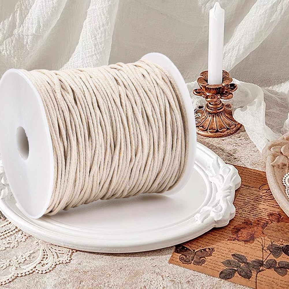1.5MM White Waxed Cotton Cord Beige Smooth Soft Round Thread Cream Wax Bracelet Lanyard String Cords Bulk with Spool for Jewelry Making Crafts Sewing Stitching Macrame Necklace DIY Supply