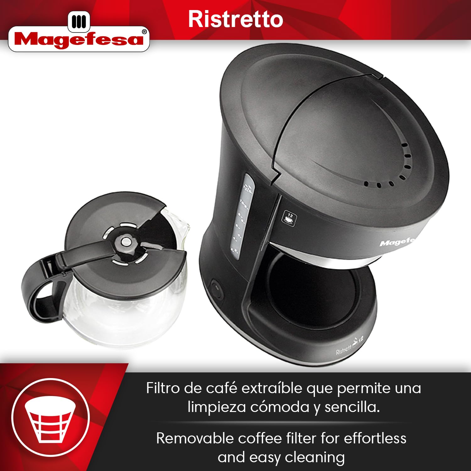 Magefesa Ristretto 1200 - Macchina da Caffè Elettrica 12 Tazze, 800W, Sistema Anti-goccia, Filtro Rimovibile, Indicatore Livello Acqua, Caffè, Bevanda Calda