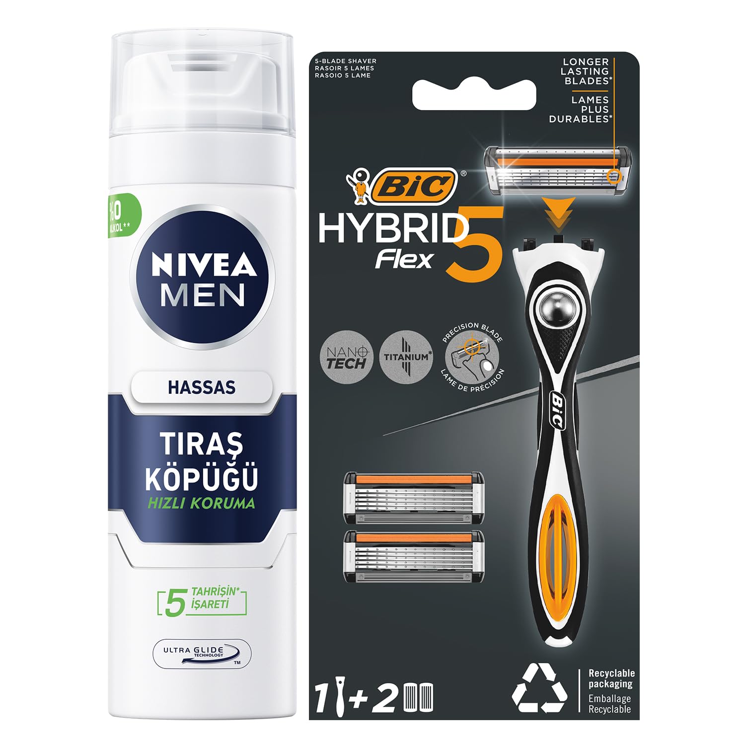 NIVEA MEN Erkek Hassas Tıraş Köpüğü 200 ml + BIC Hybrid 5 Flex Erkek Tıraş Bıçağı 1 Sap ve 2 Yedek Başlık (5 Bıçak)